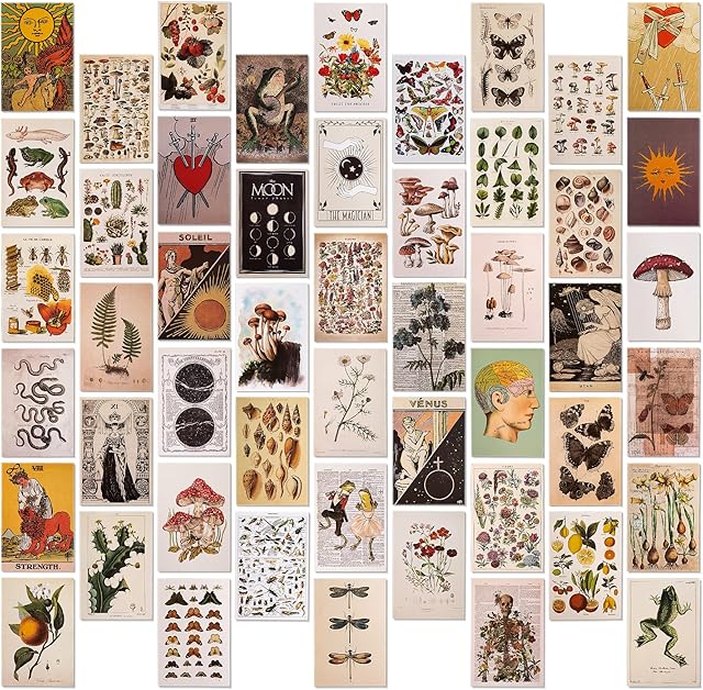 WIFUN Vintage Botanical Wall Collage Kit, 50PCS 4x6 inch Wall Art Collage Postcards Kit with Tape, Bedroom Art Pictures, Room Decor Aesthetic Posters for VSCO Girls Boys