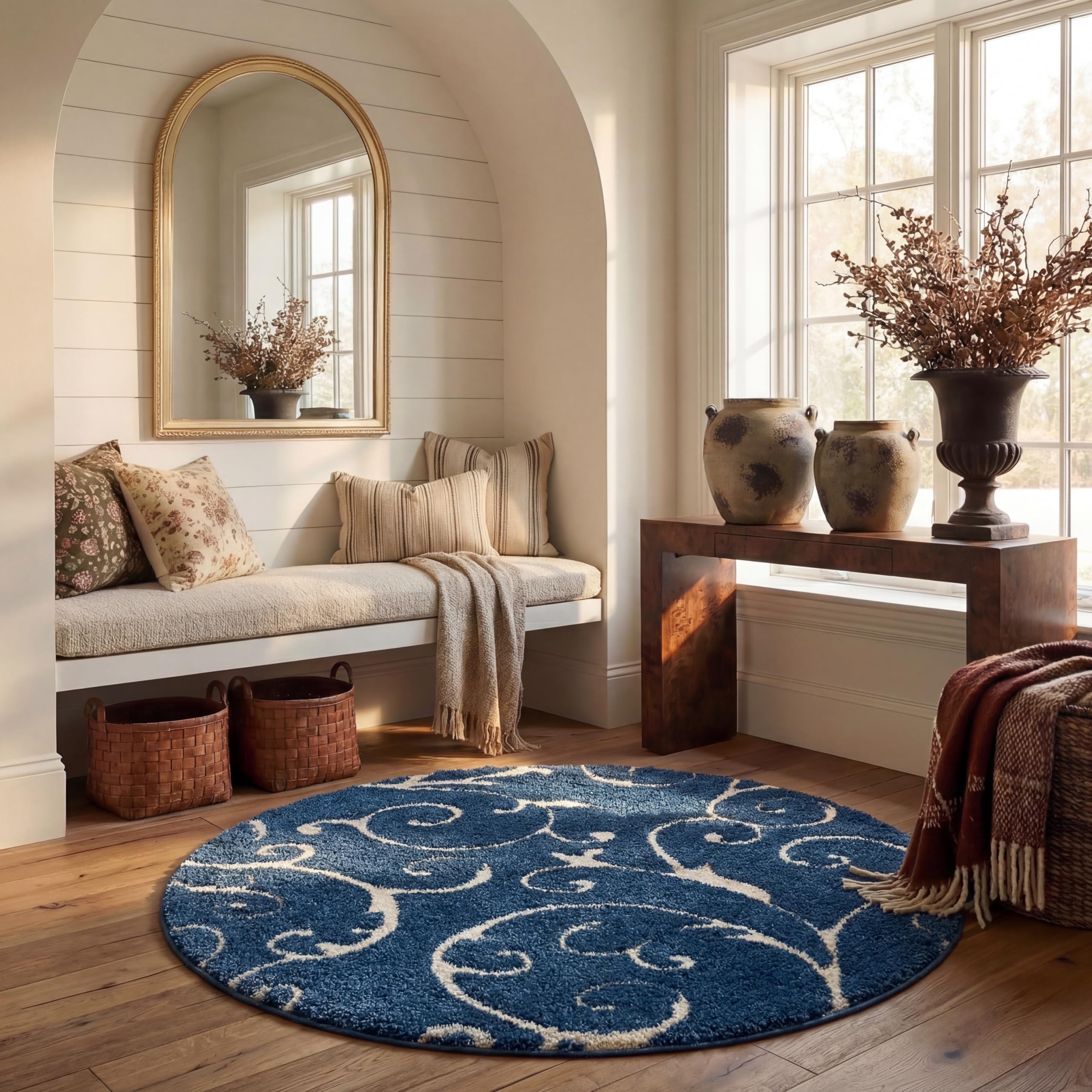 SAFAVIEH Florida Shag Collection Area Rug - 8' Round, Dark Blue & Cream, Scroll Design, Non-Shedding & Easy to Clean, High-Low Plush Pile, Ideal for