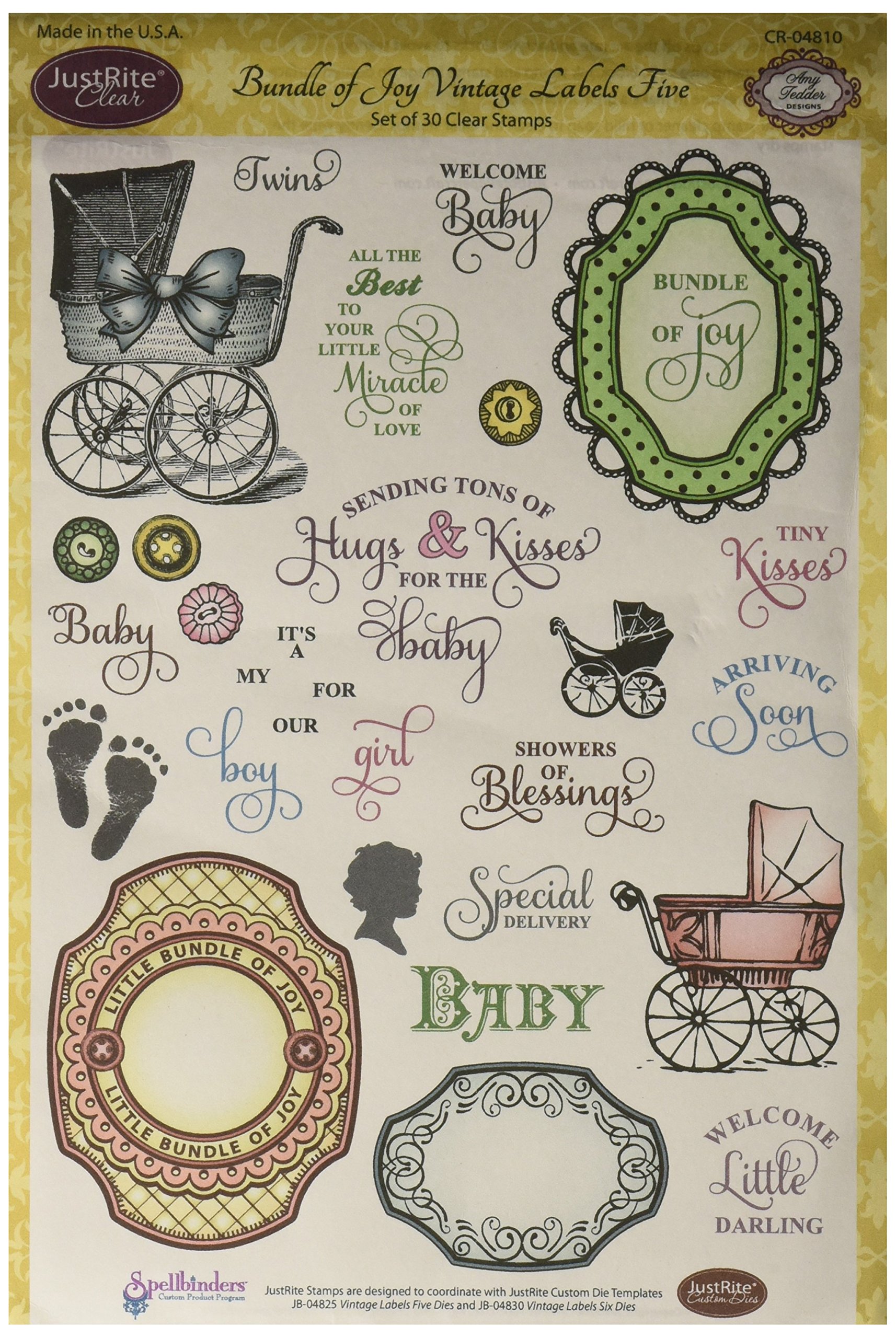 JustRite Papercraft timbro chiaro Set 6 "X 8"-fascio di gioia Vintage etichette 30pc cinque