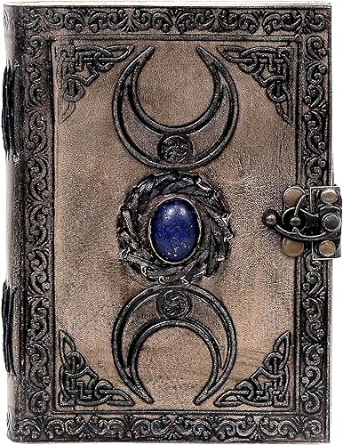 AzureGreen - 3 Moon Black Lapiz Journal - Gemstone Studded Handmade Vintage Writing Notebook, Unlined (Vintage Off-white, 3 Moon Plain Paper)