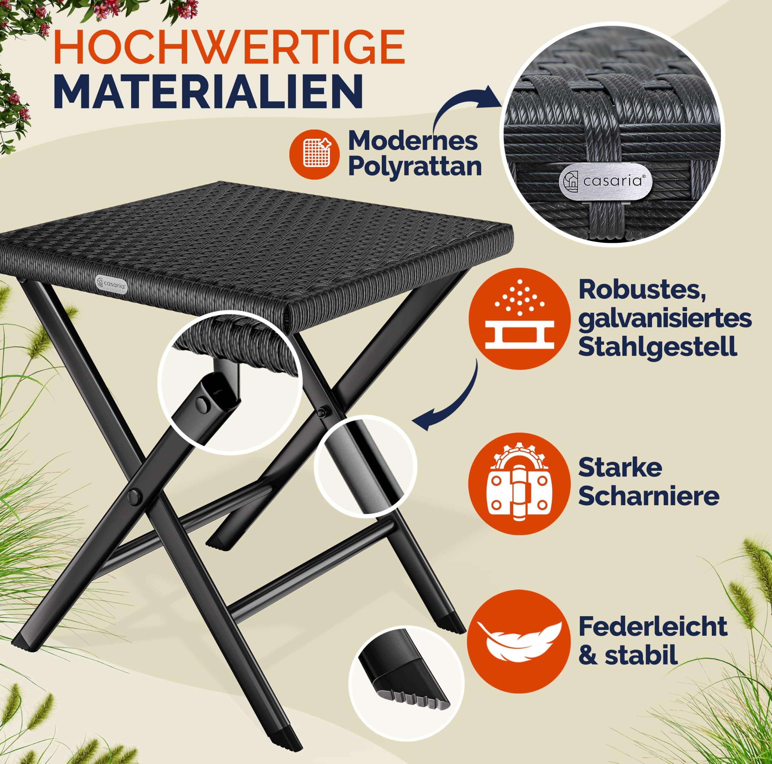 Casaria® Polyrattan Klapphocker 75kg Belastbarkeit 44x40x44cm Klappbar Leicht Tragbar Außen Wetterfest Garten Terrasse Balkon Camping Hocker Schwarz