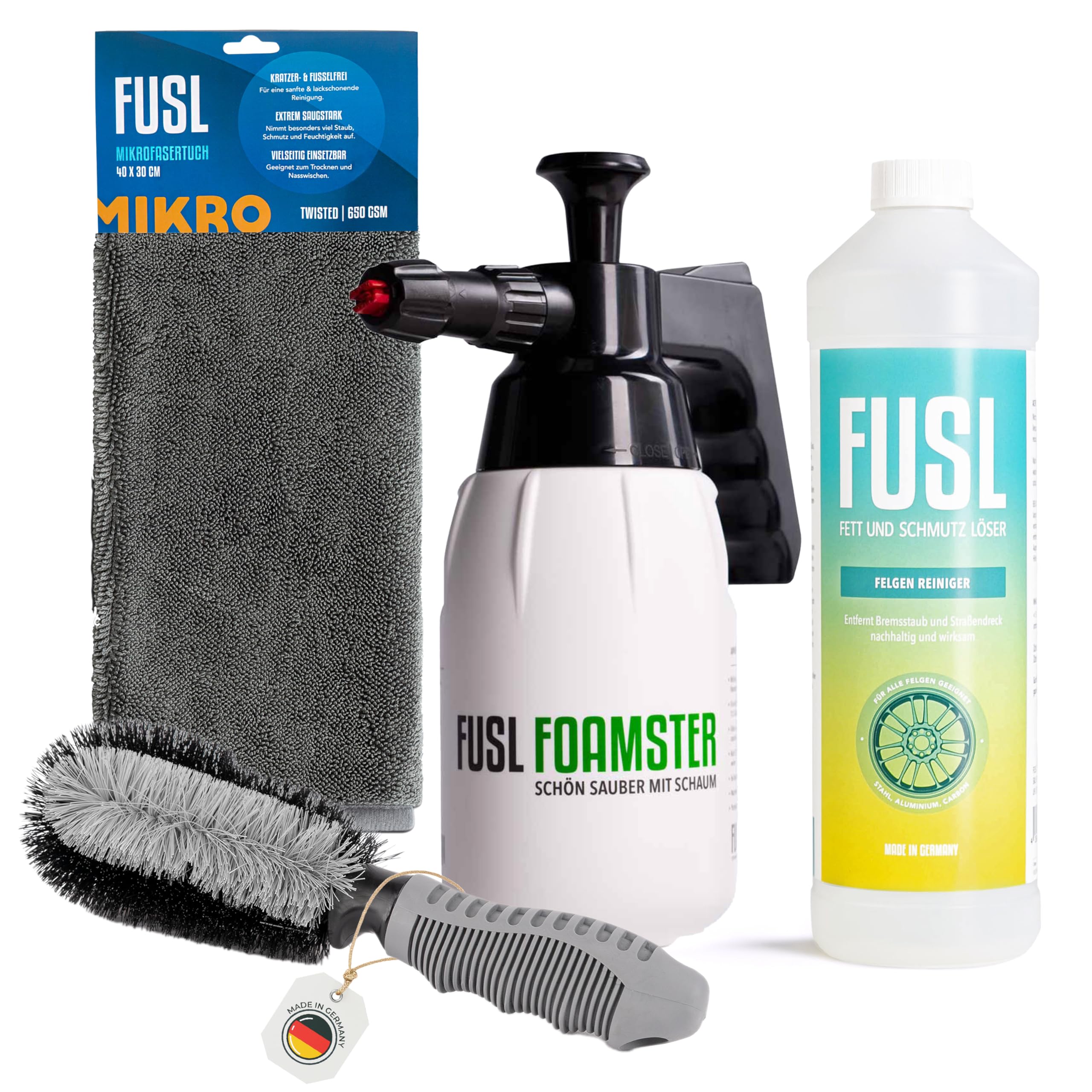 Felgenreiniger Set – Schaumkanone + 1L Felgenreiniger + Felgenbürste + Mikrofasertuch | Sanfte & effektive Felgenreinigung ohne aggressive Chemie | Für Auto, Motorrad & LKW