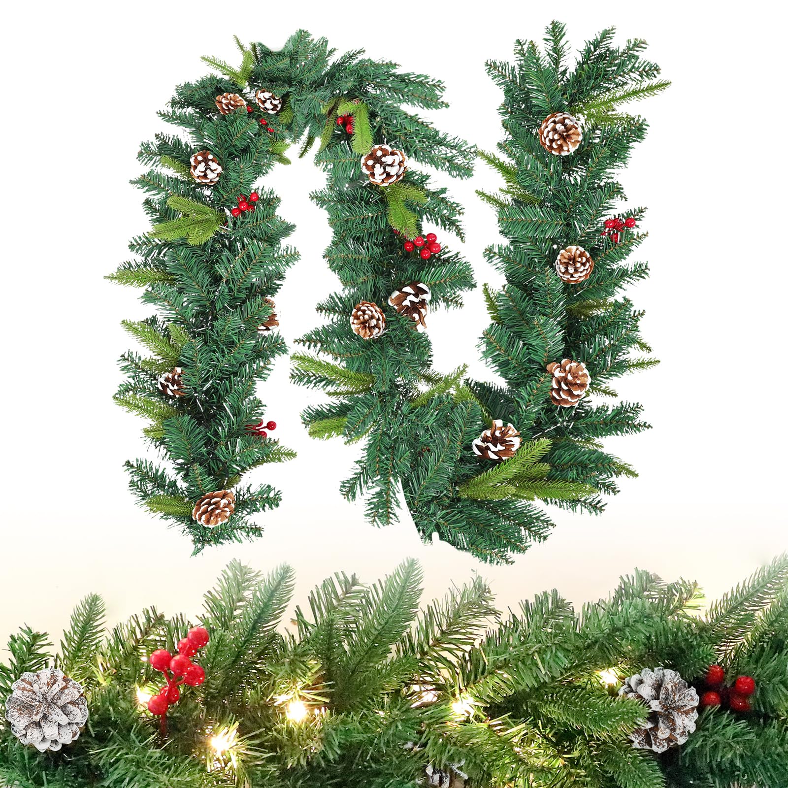 FIVMEN Weihnachtsgirlande mit Beleuchtung 500 cm Tannengirlande Weihnachtskranz Türkranz Weihnachten Stecker Stromversorgung mit Tannenzapfen Rote Beere Weihnachtsdeko Aussen