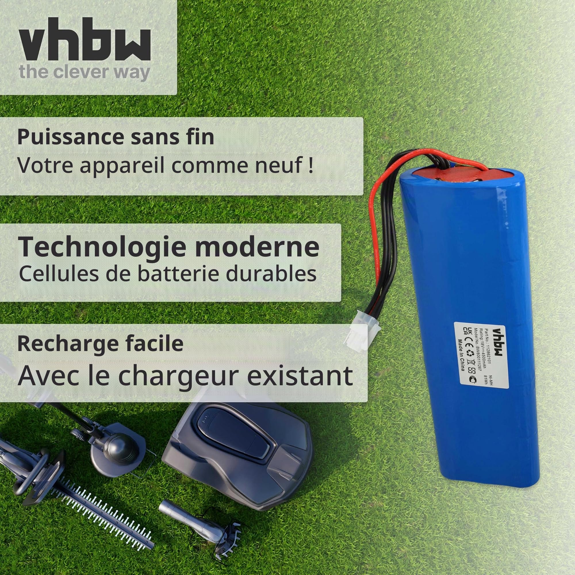 vhbw Batterie Compatible avec Husqvarna Automower 220AC, G2 2004-2006, 230ACX, Solar Hybrid, 210C, 260ACX, SH, 210AC Tondeuse (4500mAh, 18V, NiMH)