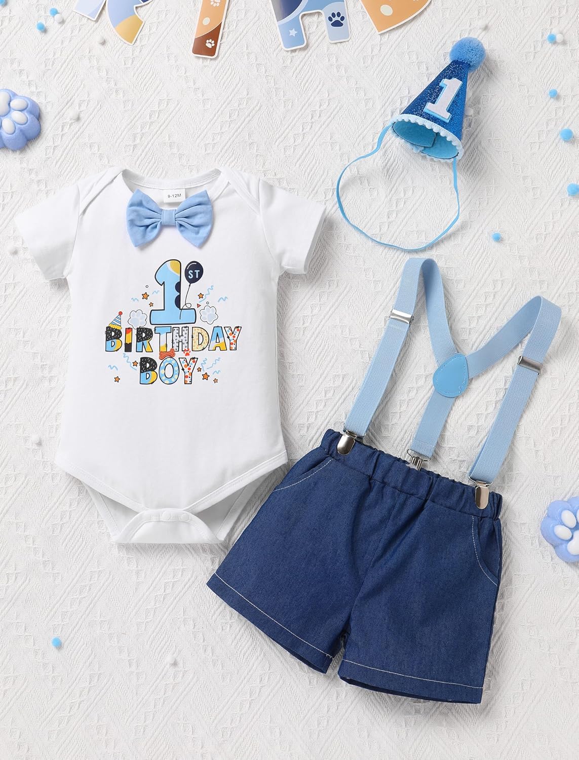 IMEKIS Baby Boys 1st 2nd Birthday Outfit Blue Bowtie Romper Suspenders Hat 3PCS Sets Cake Smash Photo Shoot - Image 2