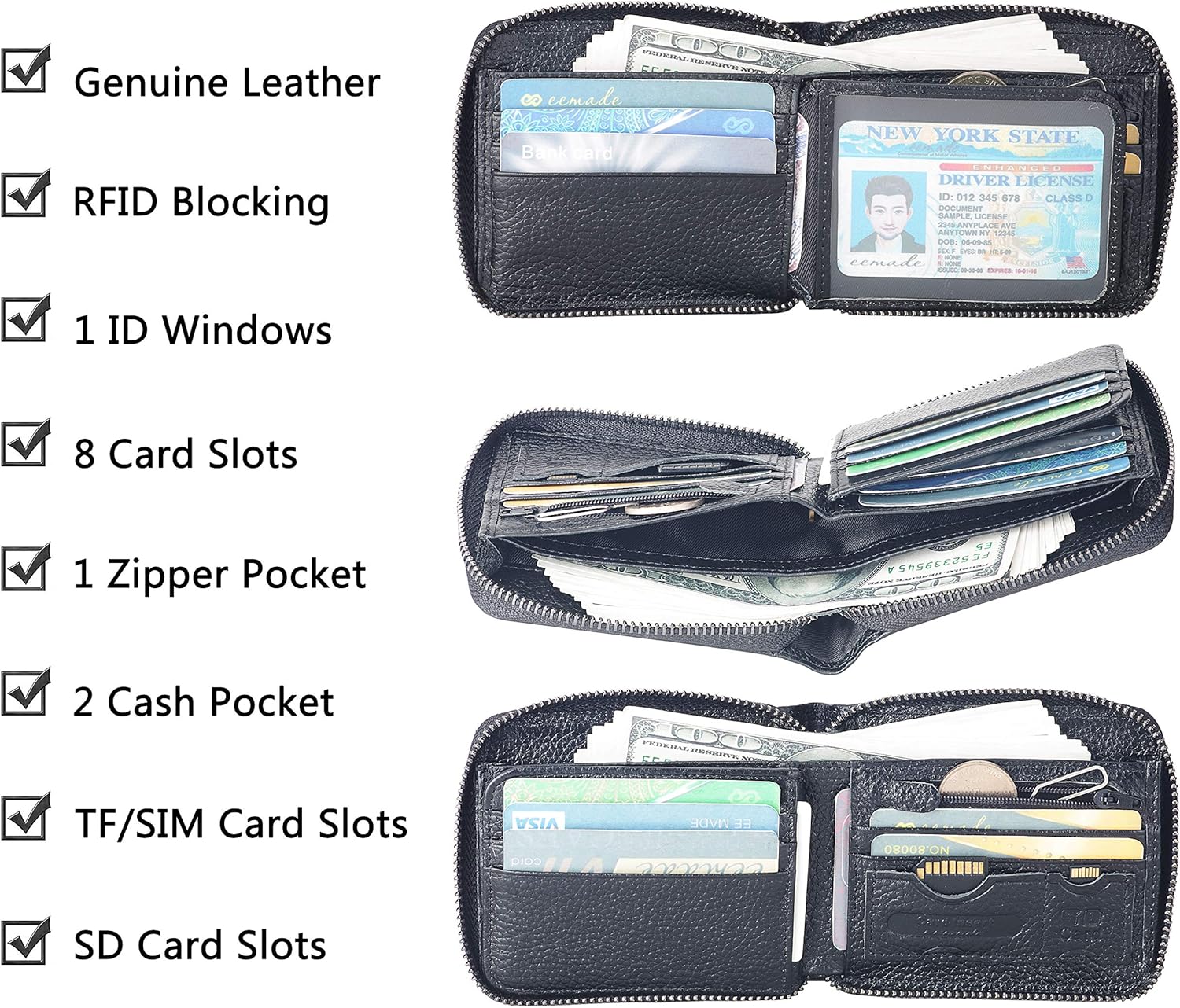 EE Men's Leather Zipper Wallet RFID Blocking Zip Around Wallet Bifold Multi Card Holder Purse black2 - Image 3
