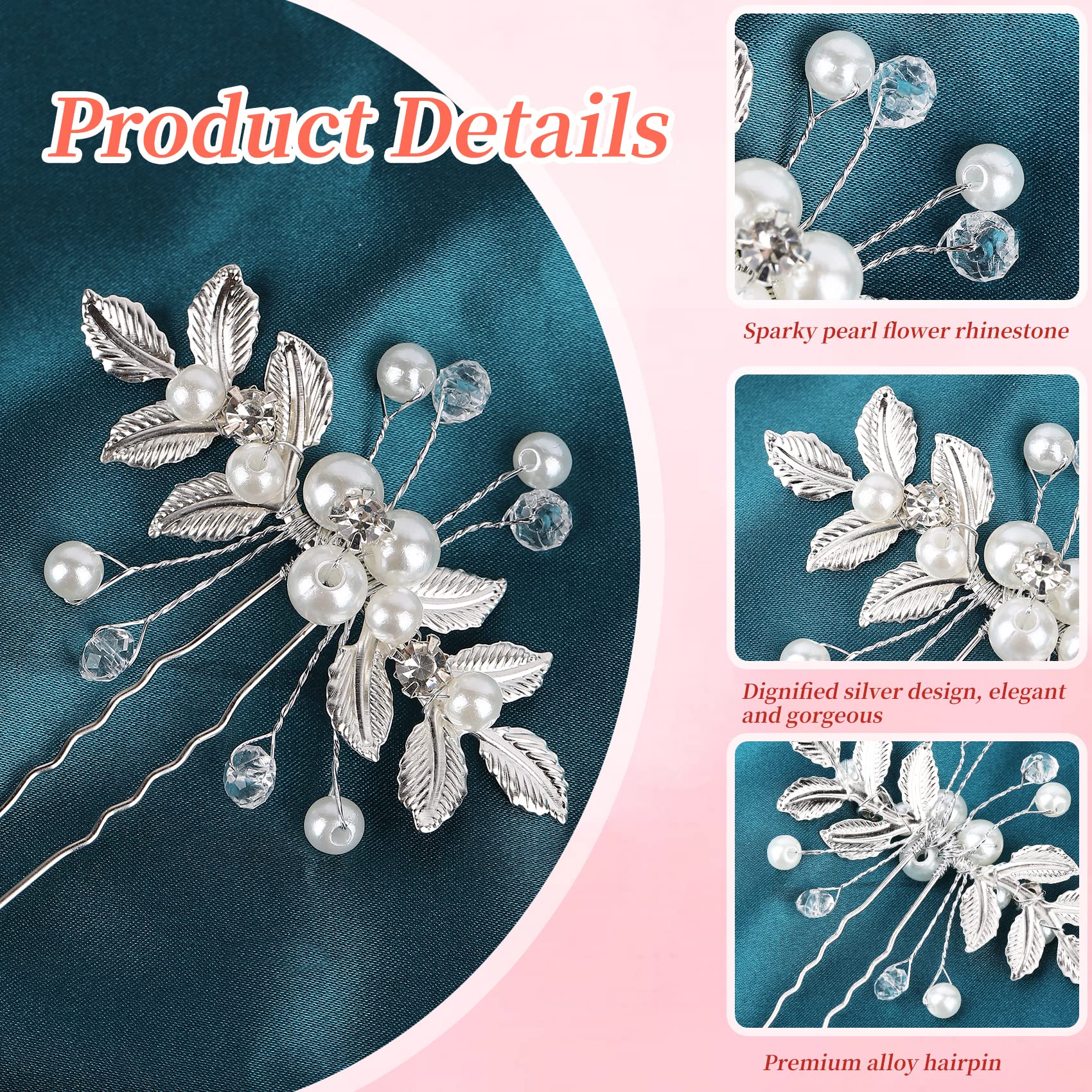 Clearine Fermaglio Per Capelli Sposa Con Cristalli E Perle – Perno A Foglia Trasparente Argento, Confezione Regalo