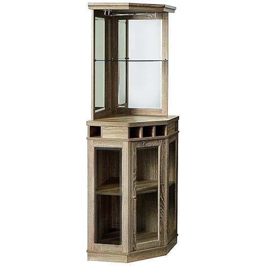 ome Source Dining Room or Lounge Corner Bar Cabinet for Liquor and Glasses with Wood Frame and Wine Rack