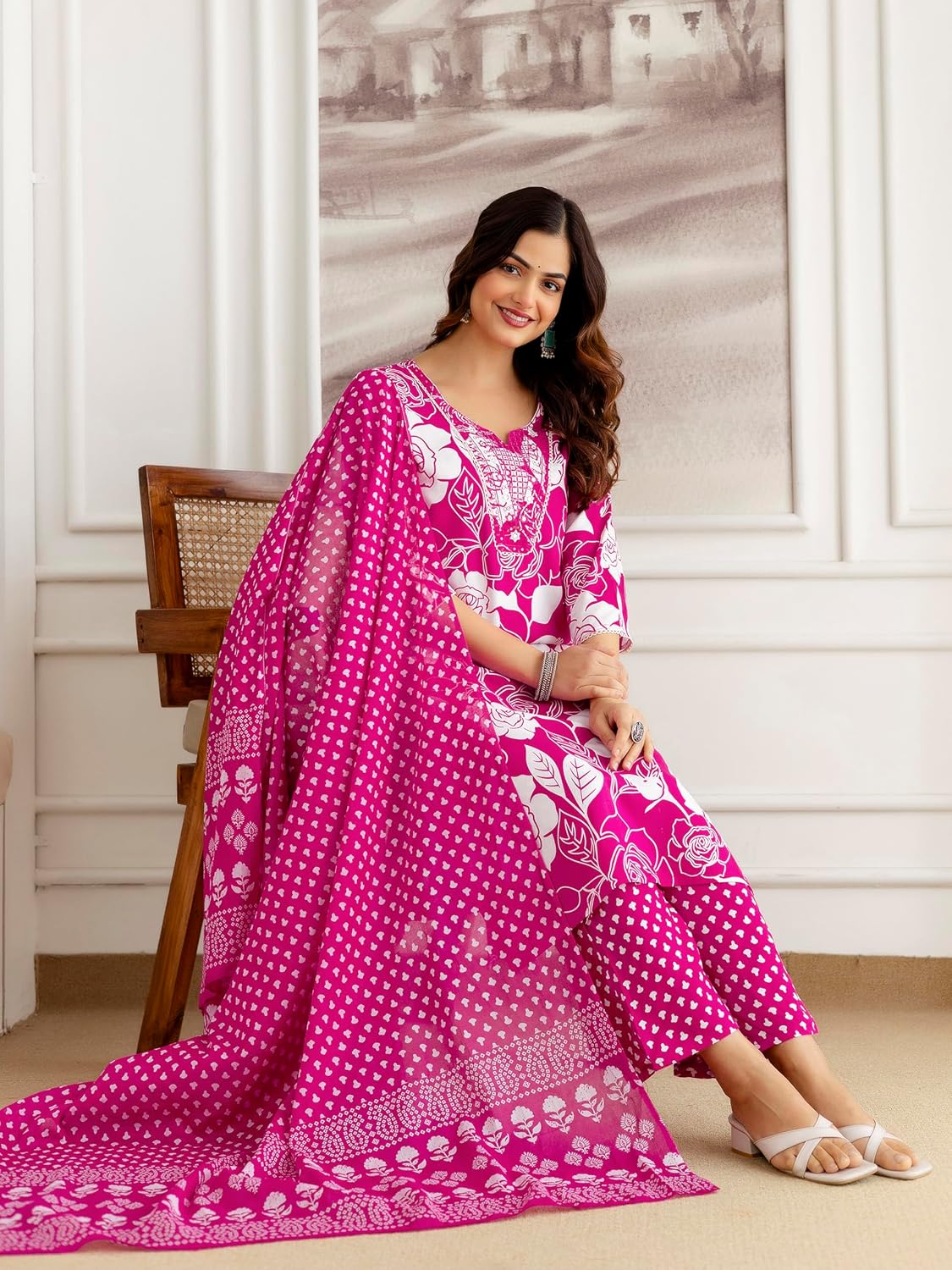 TRENDMALLS Women’s Jaipuri Pure Cotton Floral Print Kurta Pant with Dupatta Set | Embroidery Neck Work Kurta Set Ethnic Wear