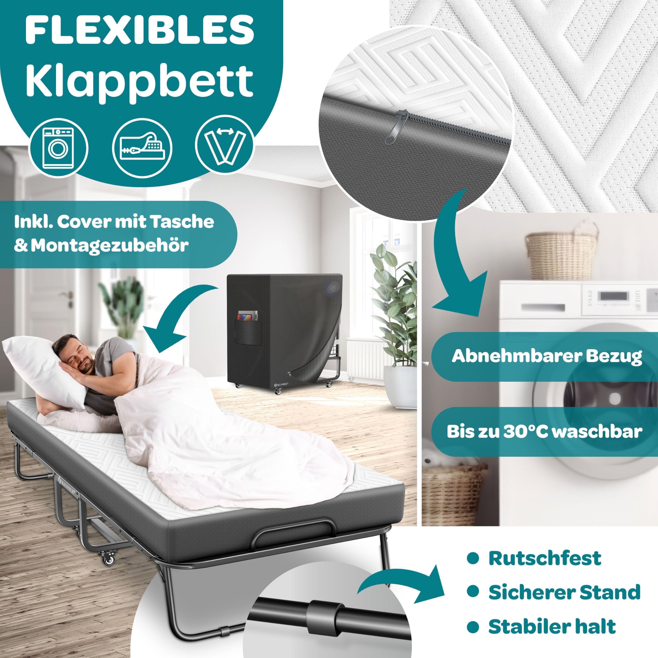 KESSER® Letto pieghevole 200 x 90 cm, con materasso in memory foam e ruote, letto da viaggio pieghevole con telaio in metallo, portata fino a 250 kg, letto in metallo con materasso in schiuma e