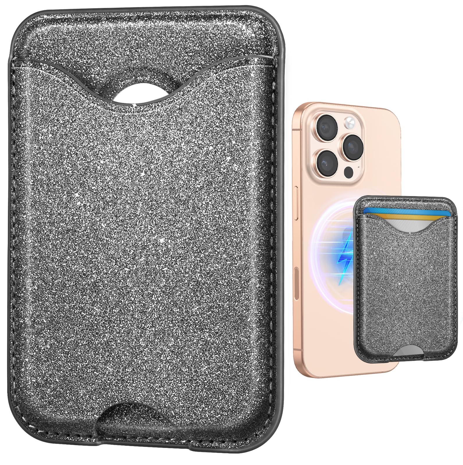Shorogyt Compatible with Magsafe Wallet Magnetic Card Holder - Glitter Grey Phone Wallets for Women Teen Girls Fashion for iPhone 16/15/14/13/12 Series Slim for Apple Mag RFID Magnet, Fit 3 Cards-image-33