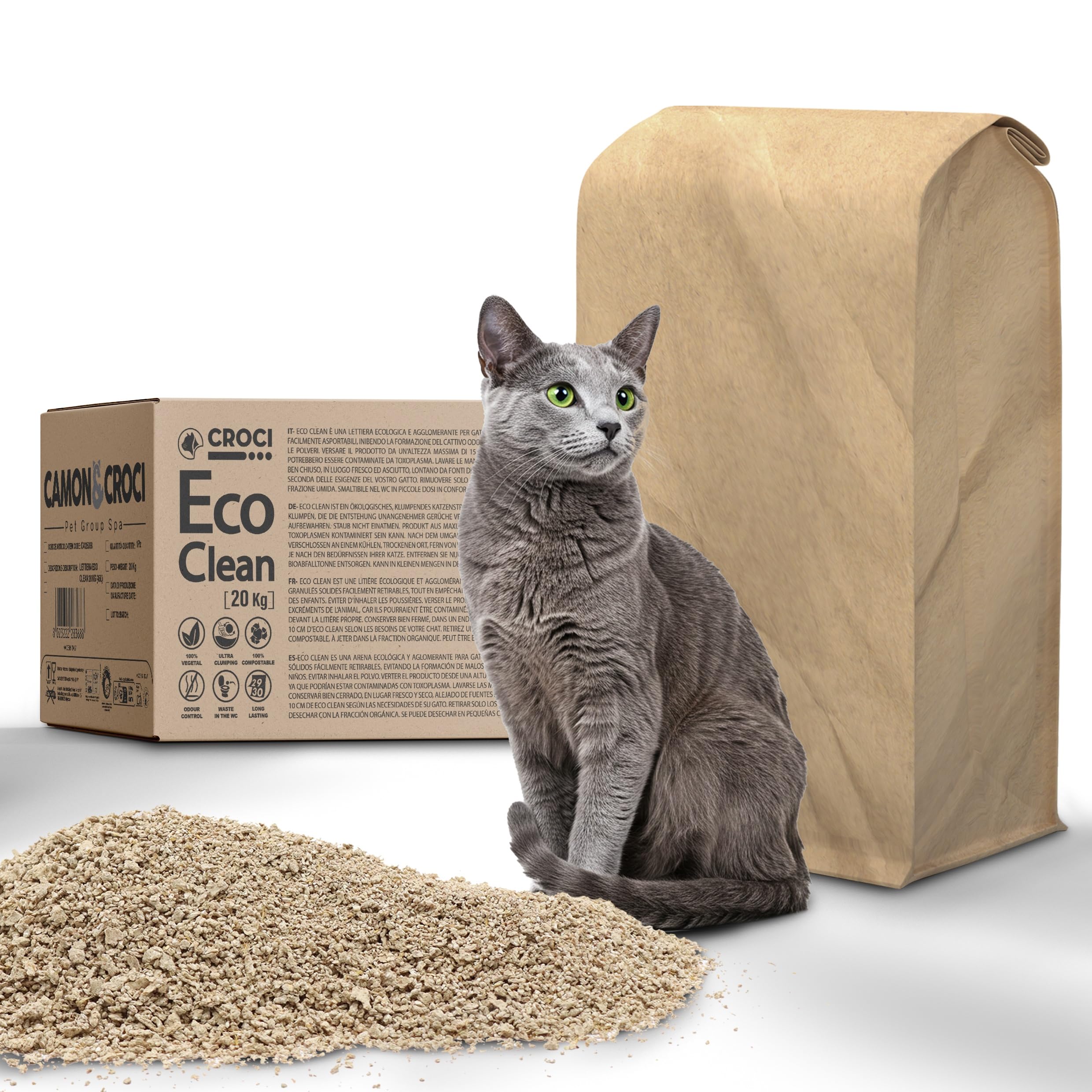 Croci Eco Clean Litter Tray 45 L – Clumping Cat Litter Tray – Biodegradable – 100% Vegetable, Long-Lasting Odour Resistant Sand