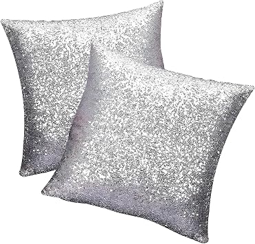 SwirlColor Sequins Pillow Case Silver Glitter Cushion Cover Square Throw Pillowcase for Home Decor Cafe 40cm/15.7inch 2pcs