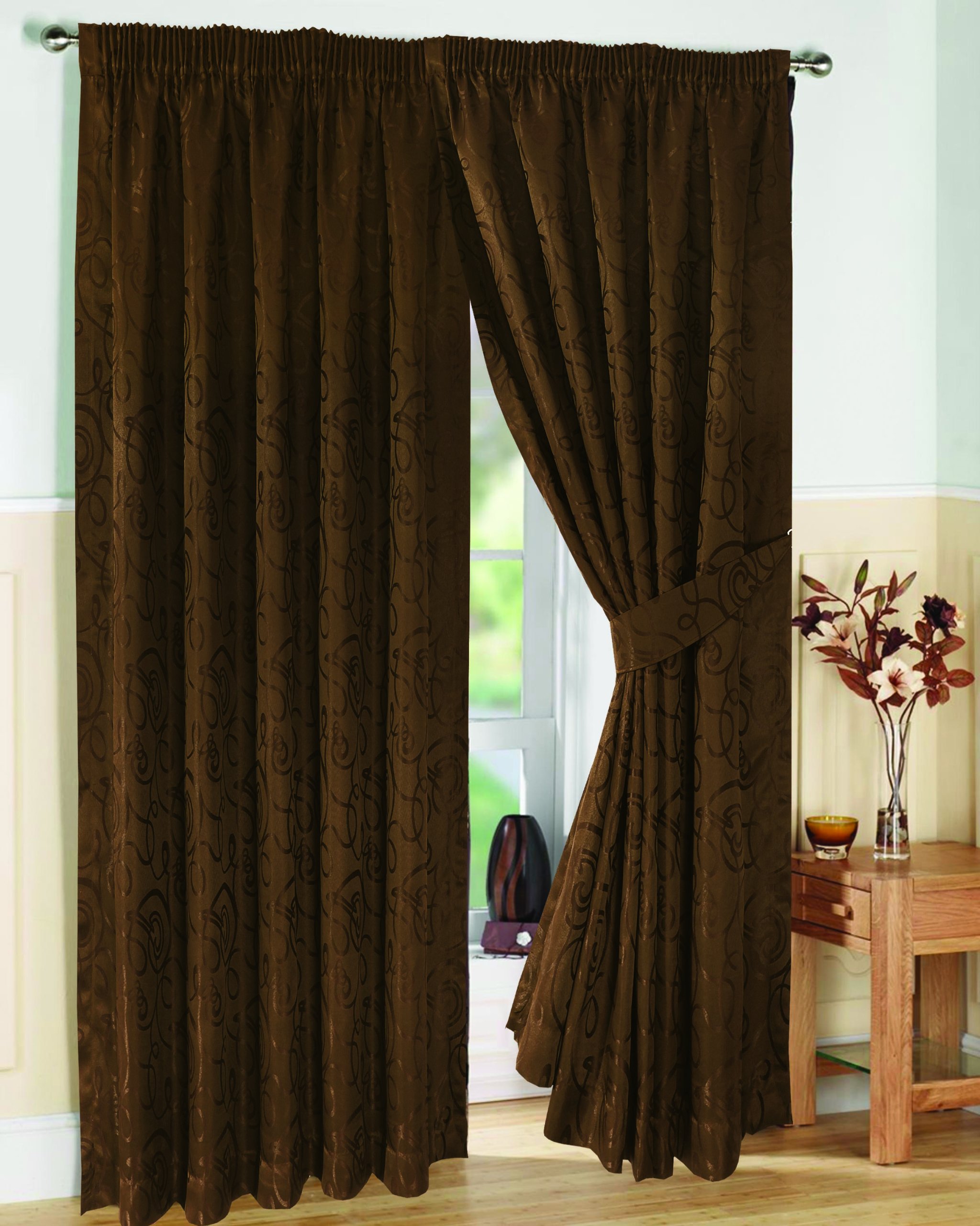 Viceroy Bedding Chocolate Pair Of Fully Lined 90" Width X Drop 108" Jacquard Swirl Design Pencil Pleat Curtains With Matching Tiebacks