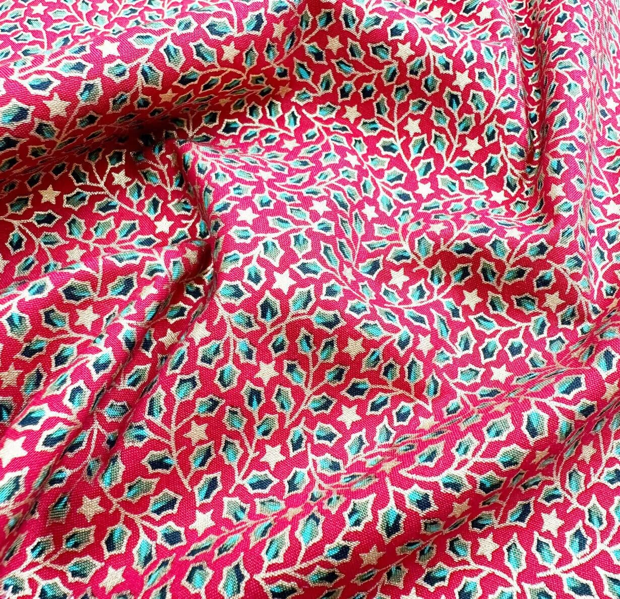 Glamour Secrets Red Christmas Fabric - Metallic Gold Holly Leaf & Star On - Cotton Craft Fabric Material