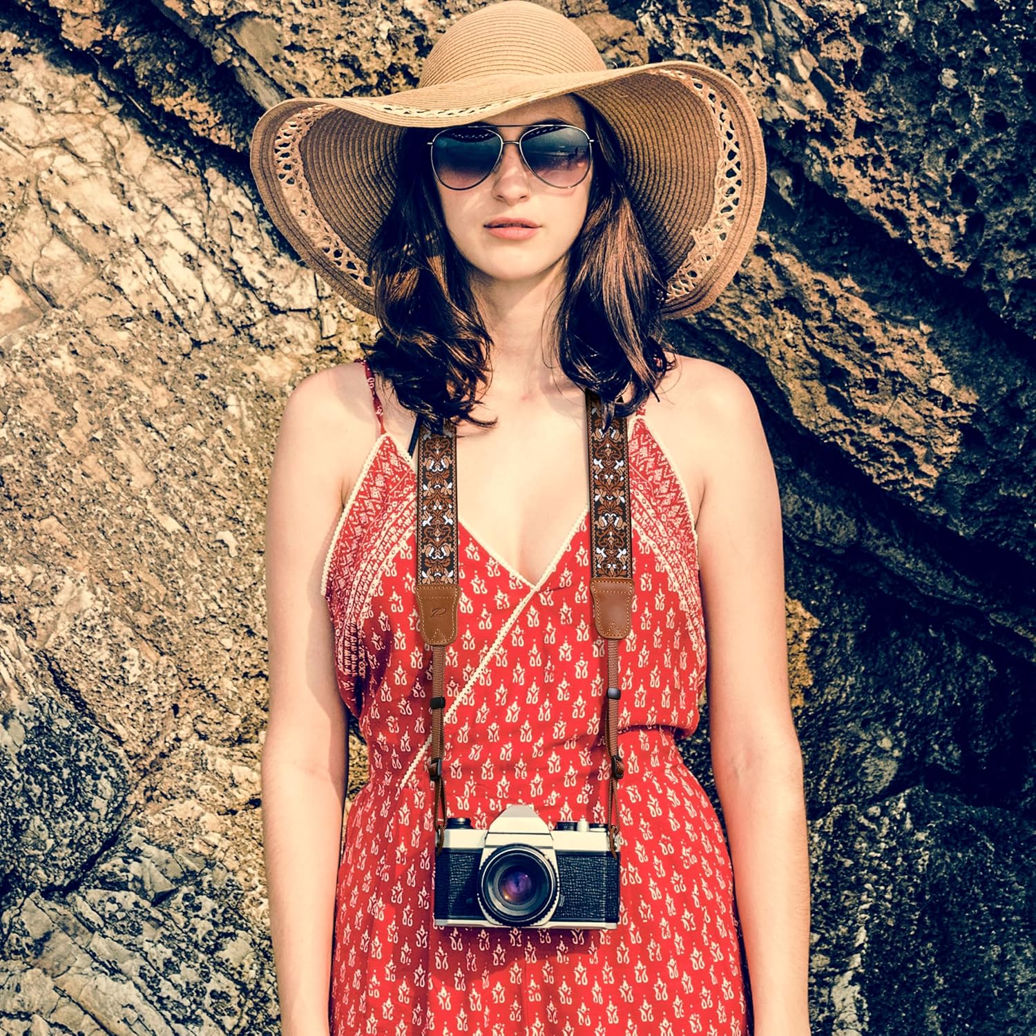 Padwa Lifestyle Brown Floral Camera Strap - 1.5" Crazy Horse Cowhide Head Cotton Strap,Vintage Embroidery Camera Straps for Photographers and All Cameras,Cute Adjustable Neck Strap for Adults & Kids