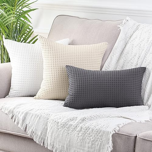 Miniatura 6 de MANDIOO Juego de 2 fundas de almohada decorativas con textura de gofre, fundas de cojín de algodón sólido suave para sofá, cama, 24 x 24 pulgadas,