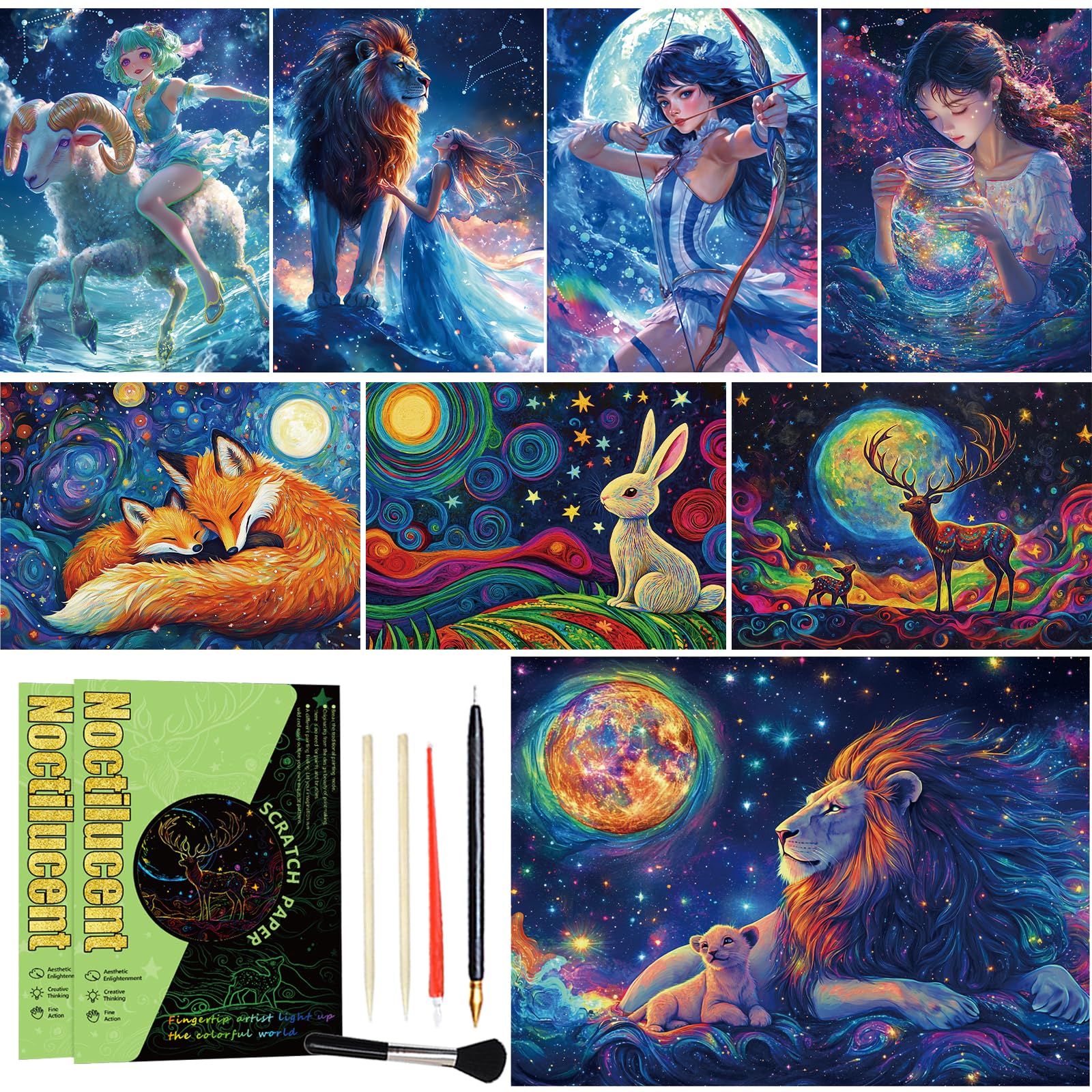 Lot de 8 feuilles de papier à gratter arc-en-ciel pour adultes - Cadeau pour amis et famille - 28,4 x 20,8 cm (horoscope