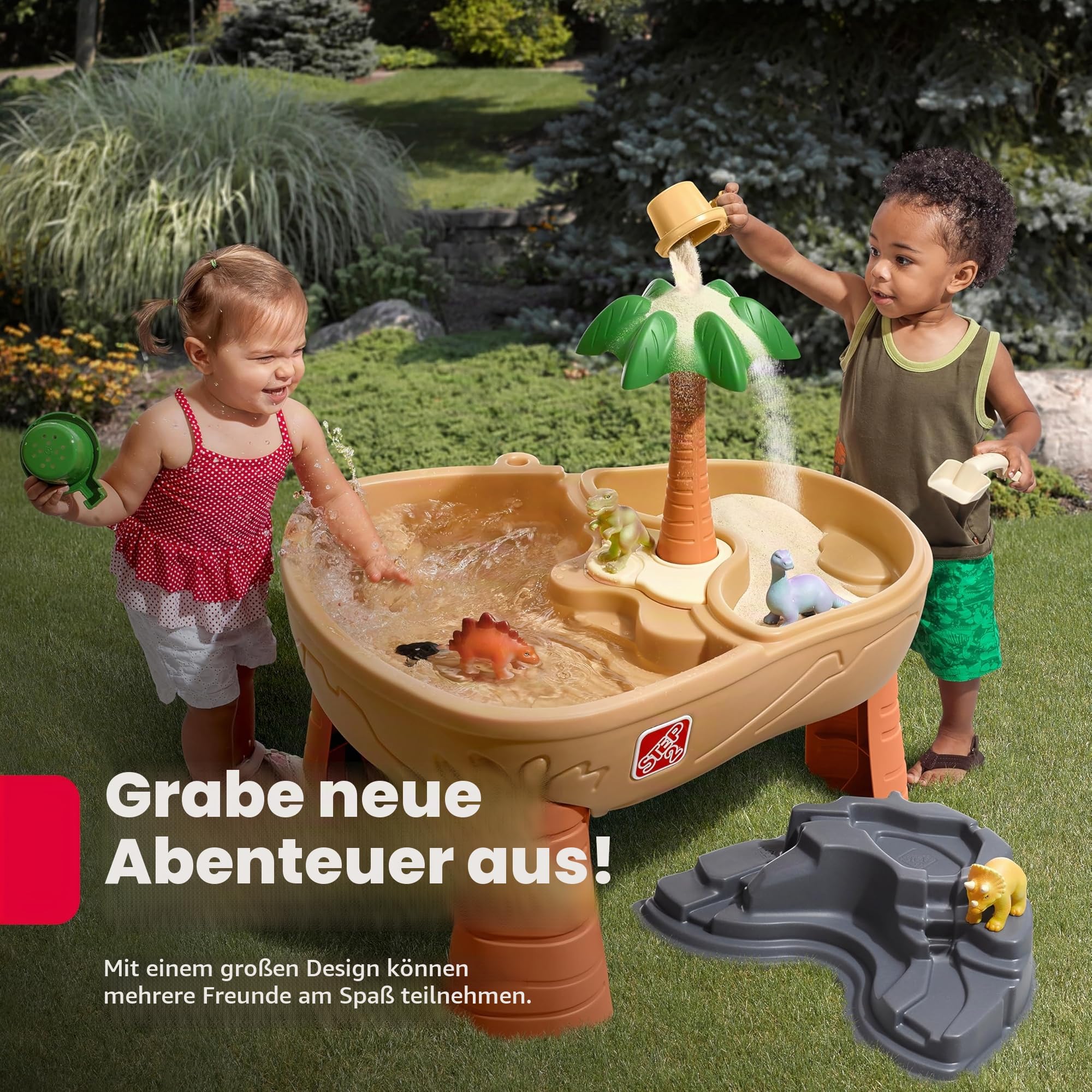 Step2 Dino Dig Sand & Wassertisch mit Dinosaurier & Jungle | Wasserspieltisch für Kinder mit 7-teiligem Zubehör Set | Wasserspielzeug/Sandtisch für den Garten