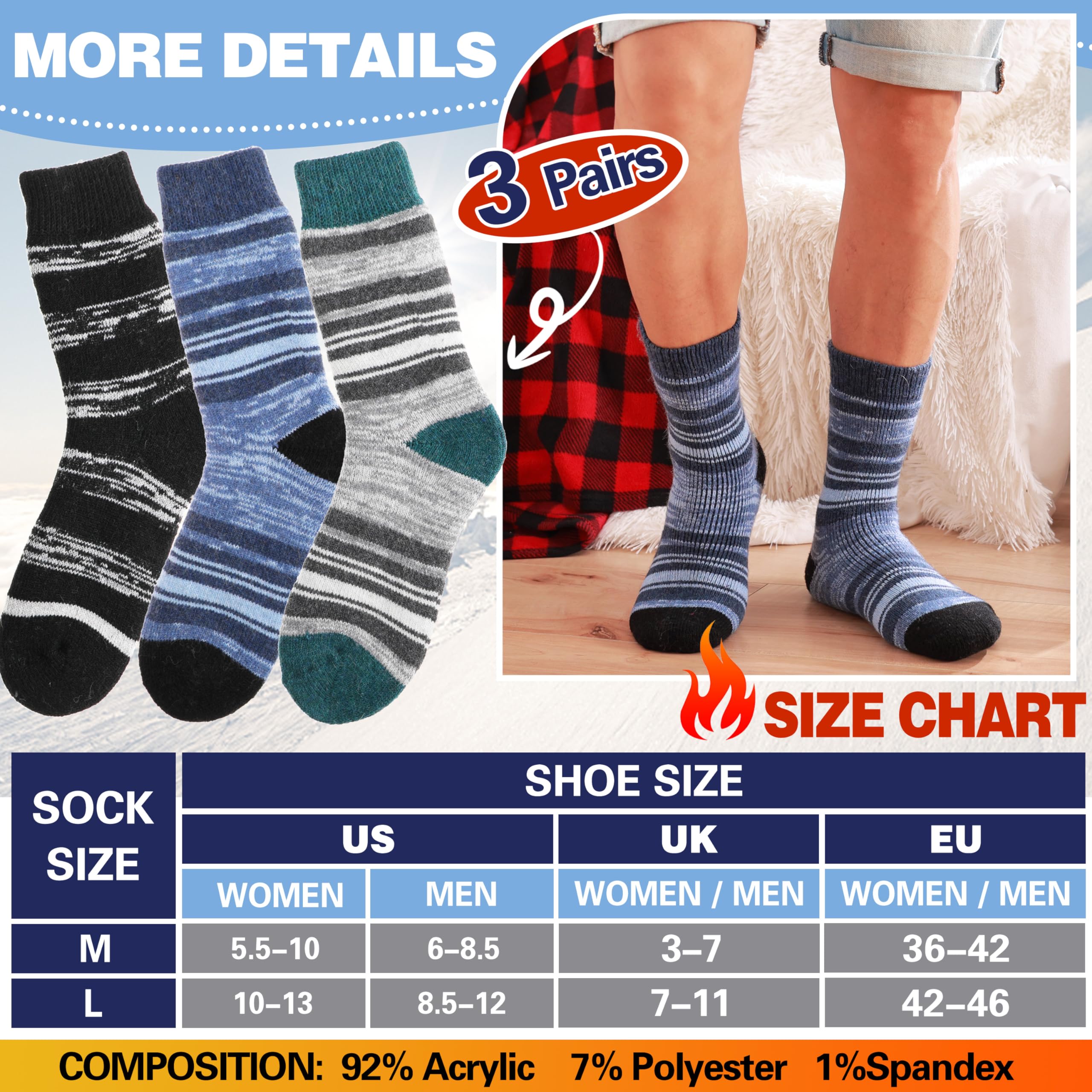 Anlisim Calcetines térmicos de invierno, 3 pares para hombres y mujeres, extra gruesos, aislados, para botas de esquí para clima frío extremo