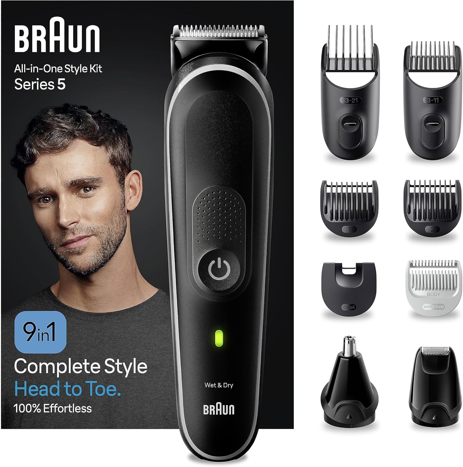 Braun 5 MGK5420 9-in-1 stylingset voor baard, lichaam, oor en neus, met 100 minuten looptijd, tas, grijs
