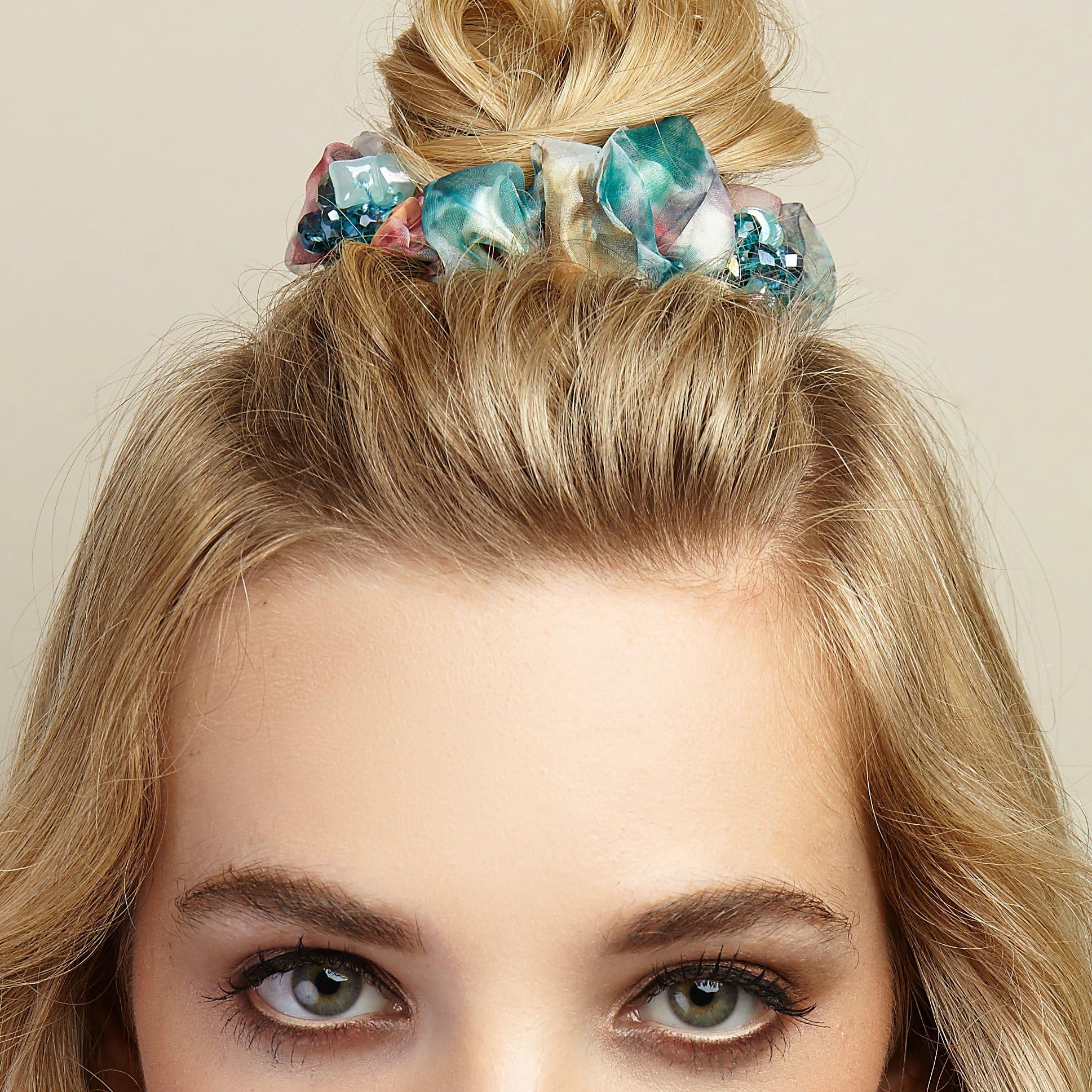 QueenMee Beaded Scrunchie Beaded Hair Band Rhinestone Scrunchie Scrunchy Beaded Hair Scrunchie Jewelled Hair Band Hair Tie Hairtie Jewelled Hair Accessory Agate Semi Precious Hairband (Multi-Coloured)