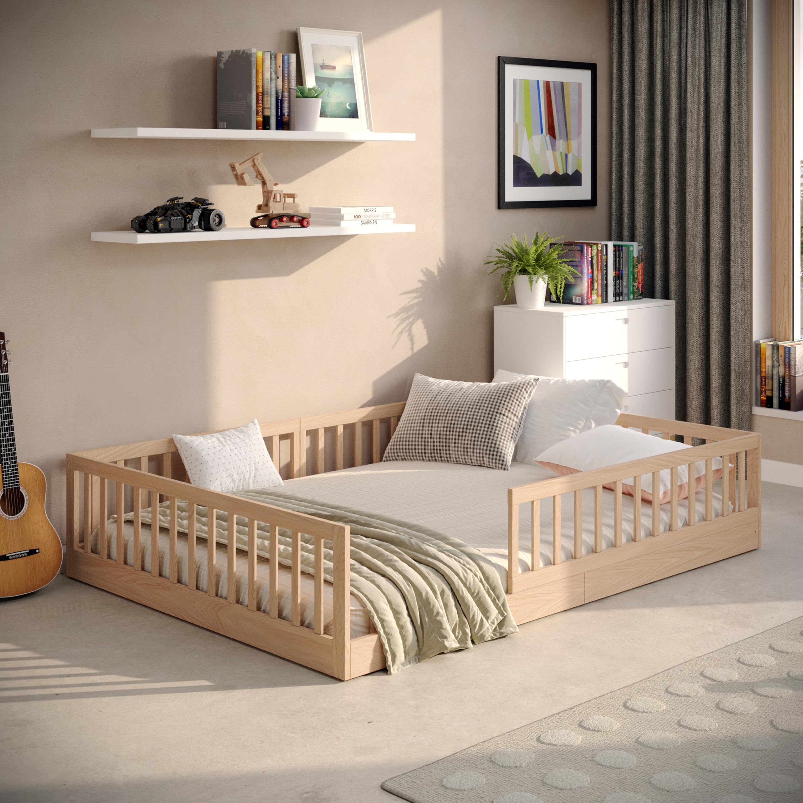 CADANI Timi 2in1 Bodenbett 140x200 cm – Montessori-Kinderbett mit abnehmbarem Rausfallschutz, inkl. Lattenrost