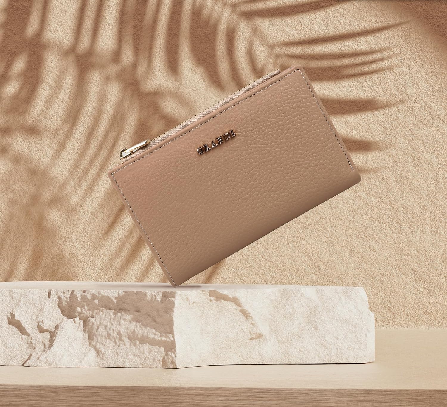 grande 2804 Genuine Leather Medium Bifold Wallet For Women Minimalist Wallet Ladies Zippered Mini Purse Small Card Holder (Cookie) - Image 6