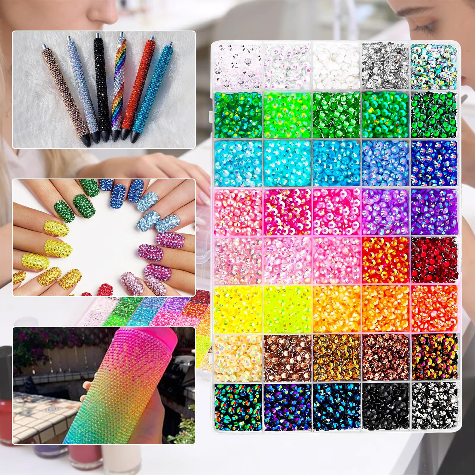 32 000 Strasse, 40 Couleurs Strass Plats Perles 3 mm, Kit de Strass en Résine pour Travaux Manuels, Loisirs Créatifs, Décoration Ongles, Textiles + pince à épiler/bâtonnet de cire