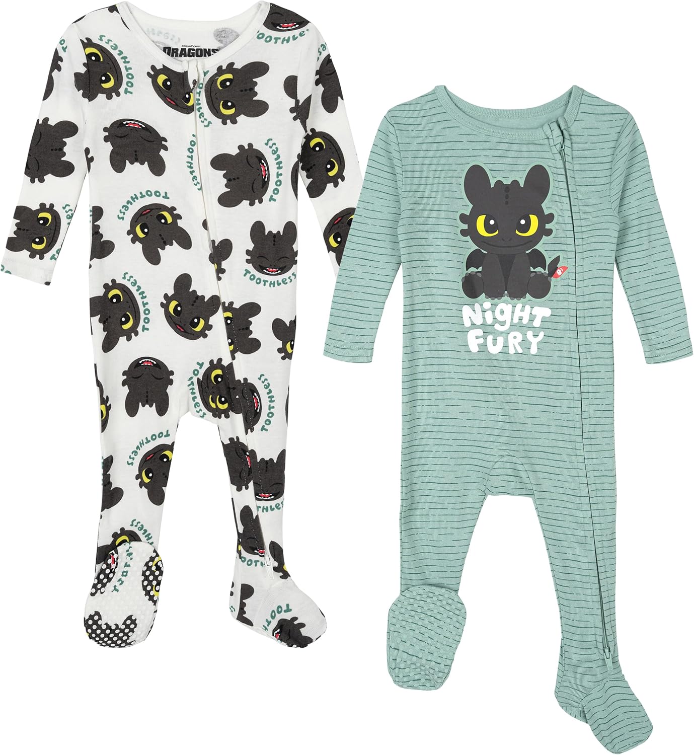 DreamWorks How to Train Your Dragon Toothless Baby 2 Pack Ribbed Sleep N' Plays 2-Way Zip Newborn to Infant Sizes