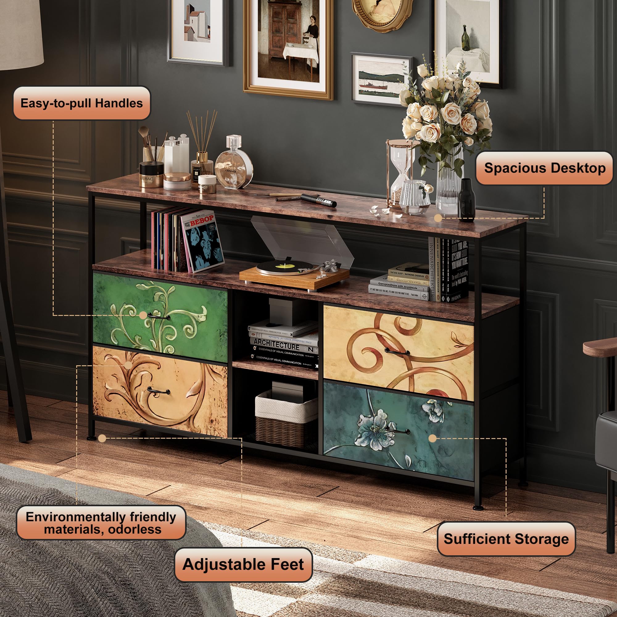 Mueble TV 137 cm con 4 cajones y 2 estantes, mesa de televisión centro de entretenimiento con LED, banco de TV, mueble bajo, cajones para salón, dormitorio, pasillo