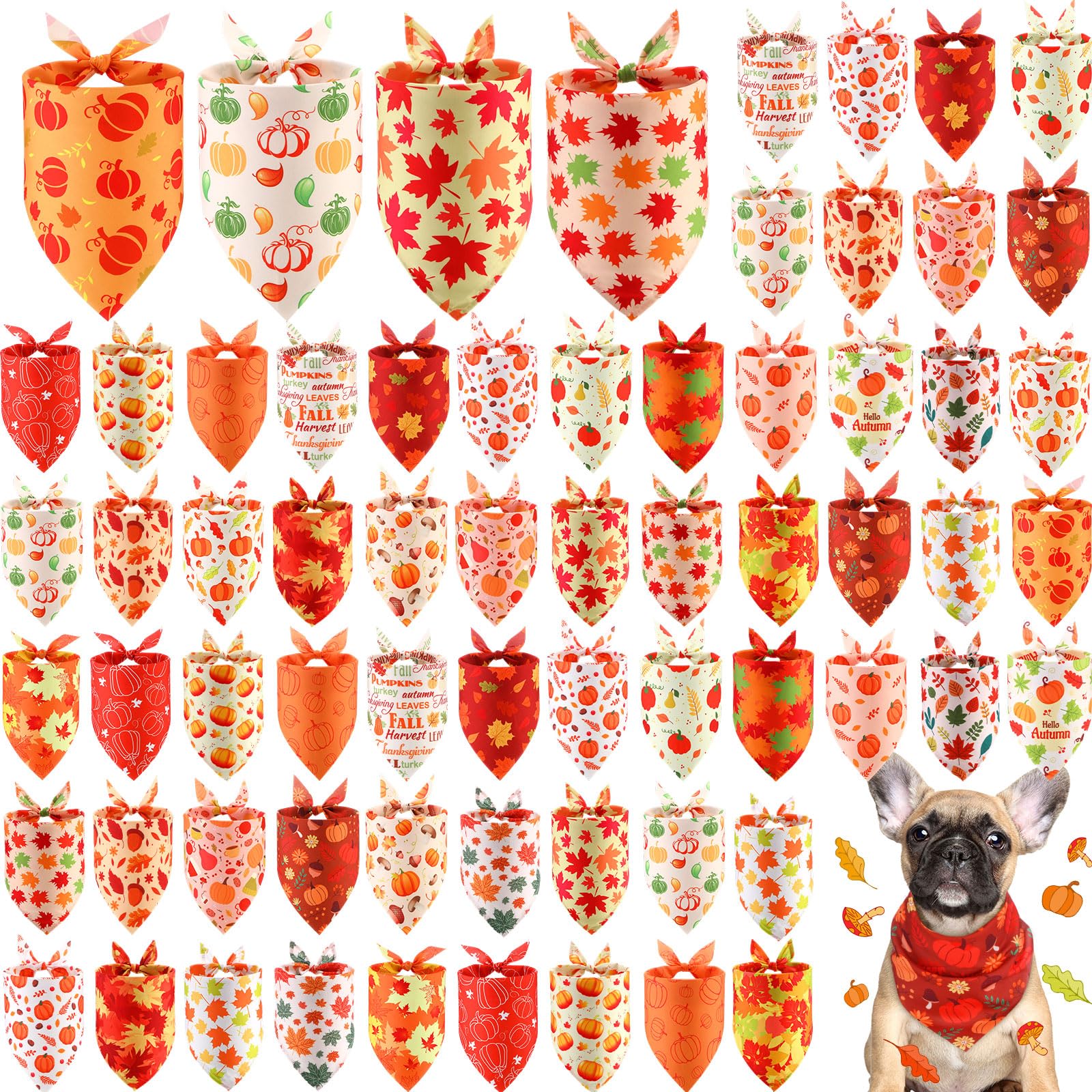 Chunful 60 Pcs Fall Bandanas for Dogs Autumn Maple Leaf Pumpkin Patterns Soft Bibs Adjustable Triangle Doggie Scarf for Small Medium Large Pet Costume(25.6 x 17.7 x 17.7 Inch) — image 1