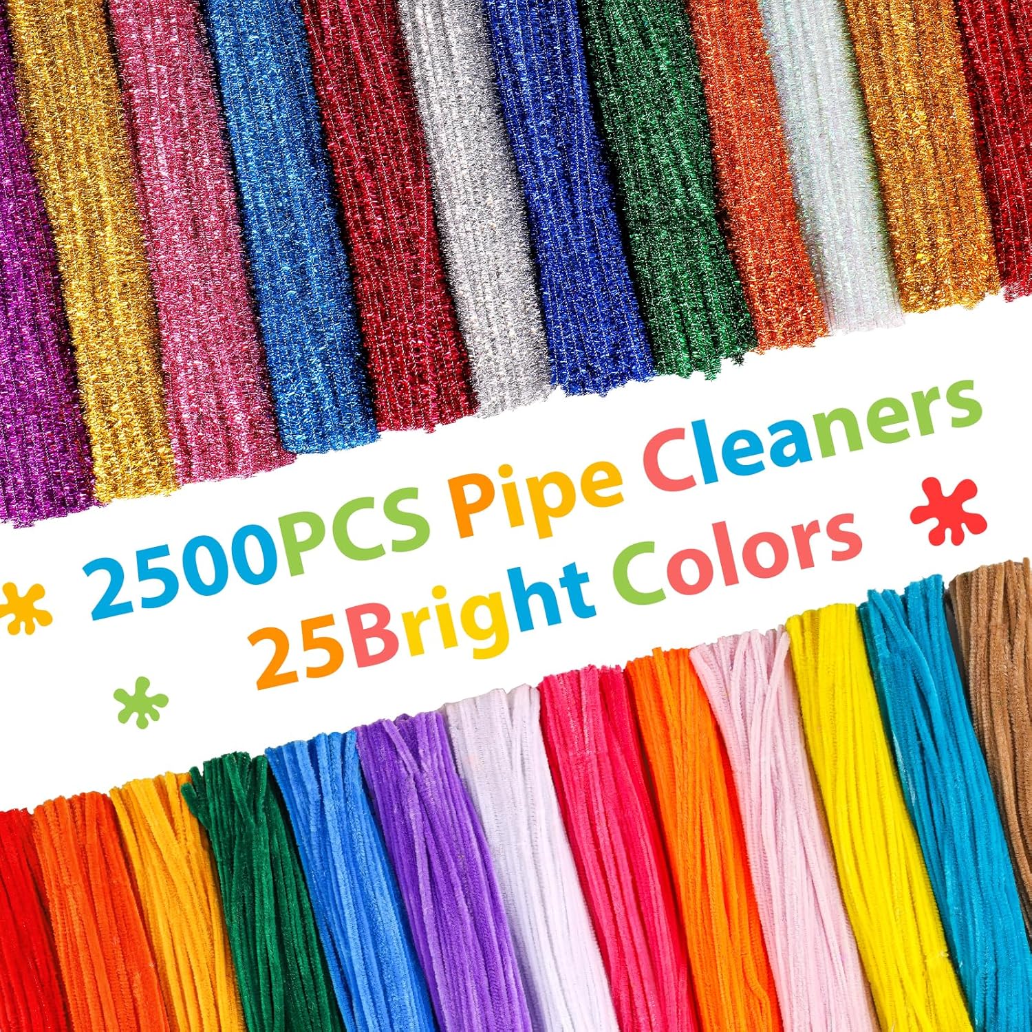 Caydo 2500 Pieces 25 Colors Pipe Cleaners Craft Supplies Assorted Glitter Chenille Stem Sparkle Pipe Cleaners Bulk for Kids Creative DIY Project, Valentine's Day Decorations, 6 mm x 12 inch