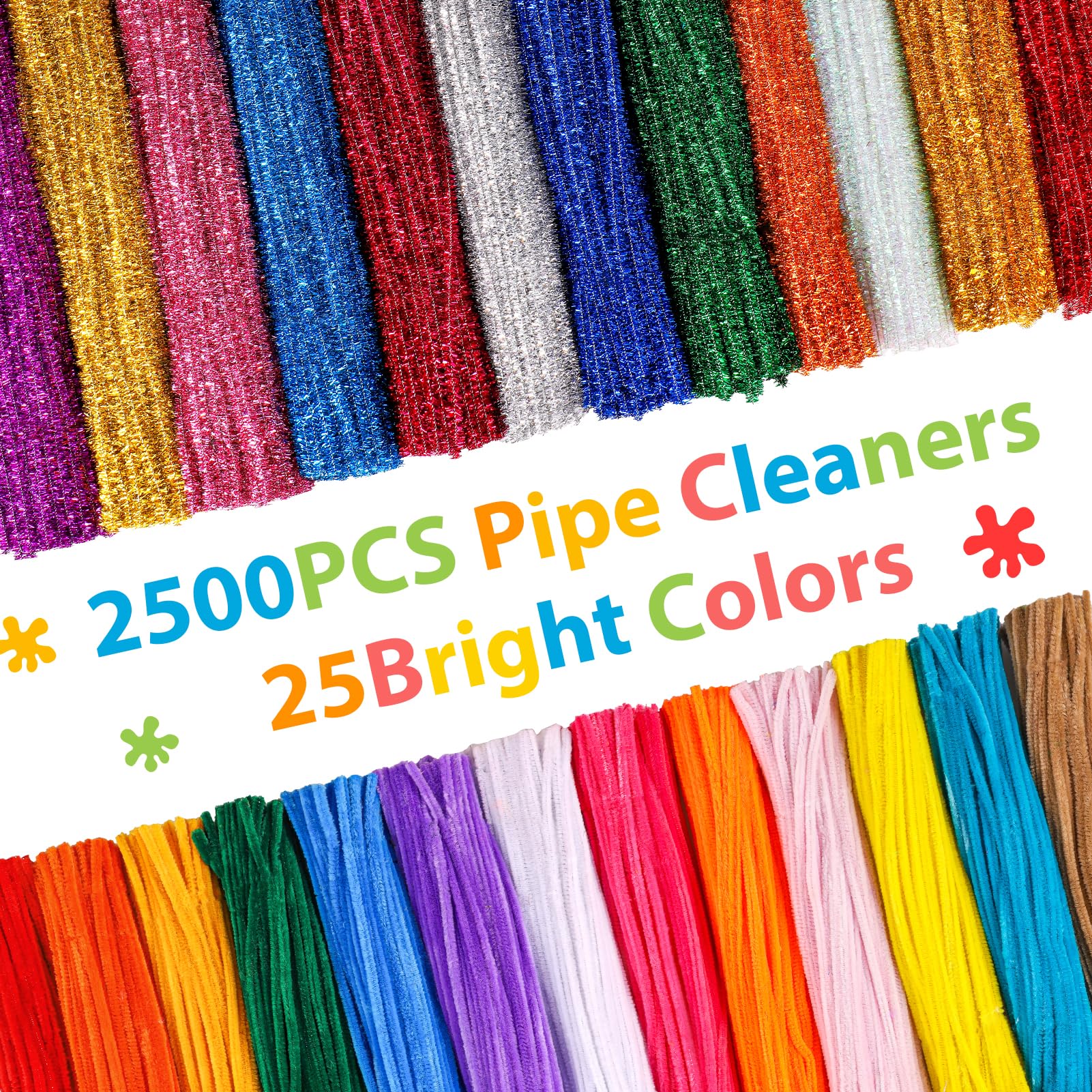 Caydo Pfeifenreiniger, Bastelbedarf, 2500 Stück, 25 Farben, verschiedene Glitzer-Chenille-Stiel, funkelnde Pfeifenreiniger, Großpackung für Kinder, kreatives DIY-Projekt, Kunst, Handwerk, Dekoration, | Verschiedene Glitzer-Chenille-Stiele, DIY-Projekte, T