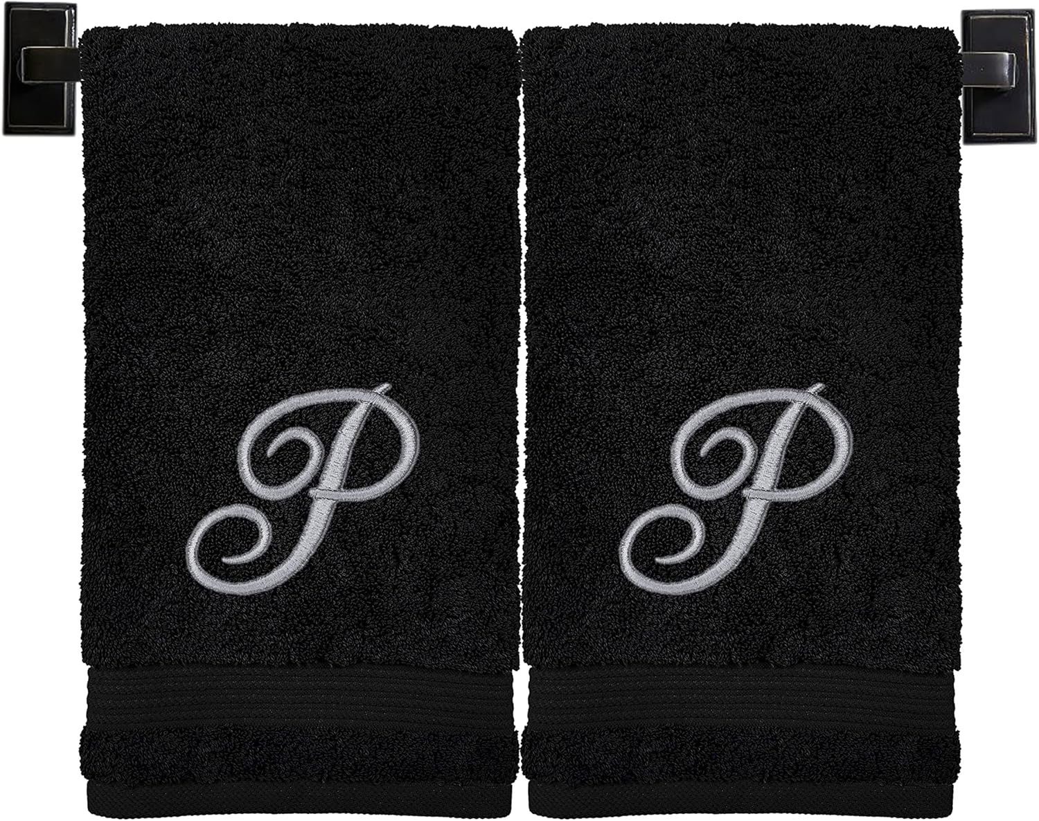 Black Hand Towels for Bathroom - Monogrammed | Luxury Cotton Turkish Towels | Embroidered in USA | Set of 2 | Choose Set Color and Letter | A - Z | Script Font