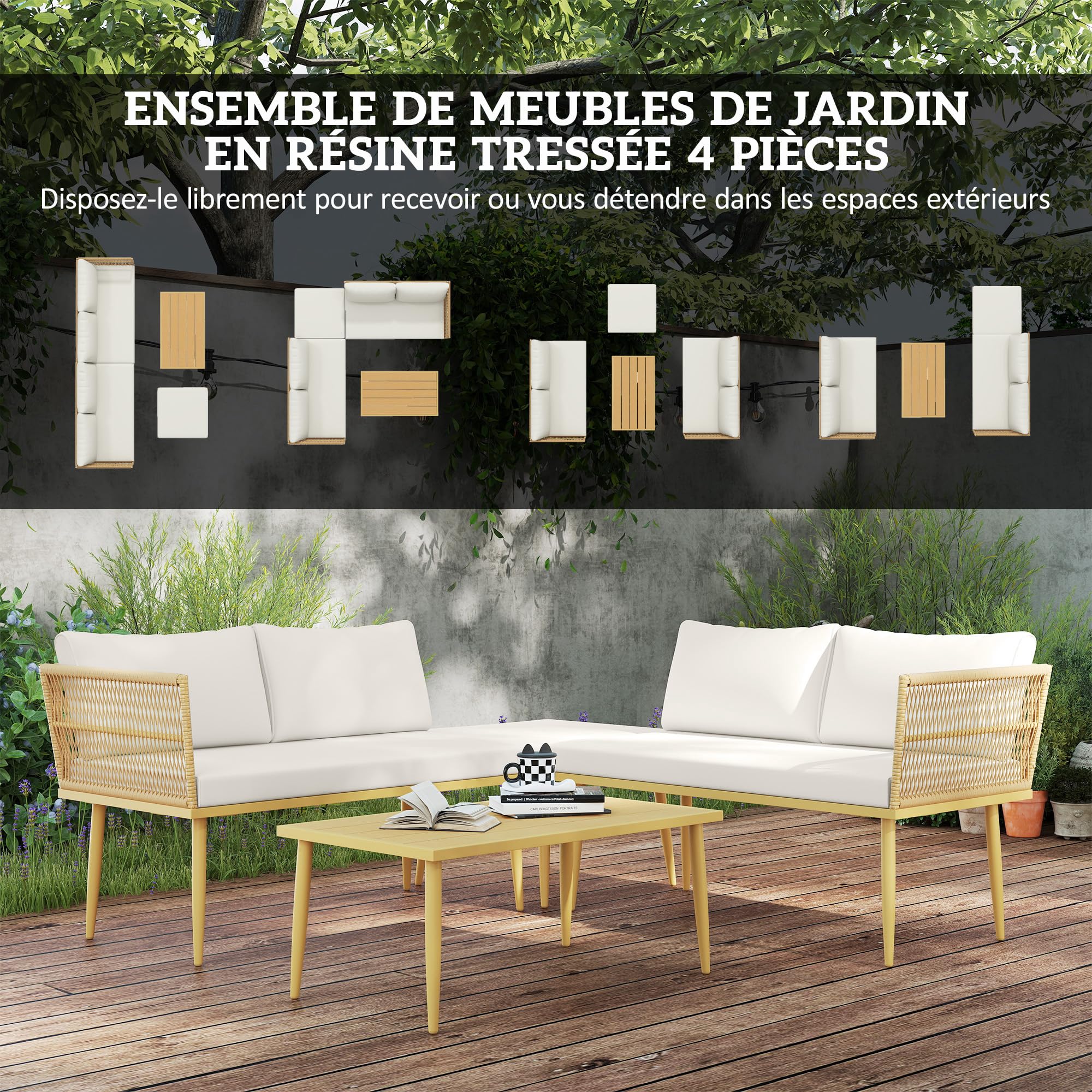 Outsunny Salon de Jardin Extérieur 5 Places Résine Tressée Modulable Crème | Mobilier de Jardin, 2 Canapés, Pouf, Table Basse, Coussins Déhoussables Inclus, pour Balcon Terrasse Véranda