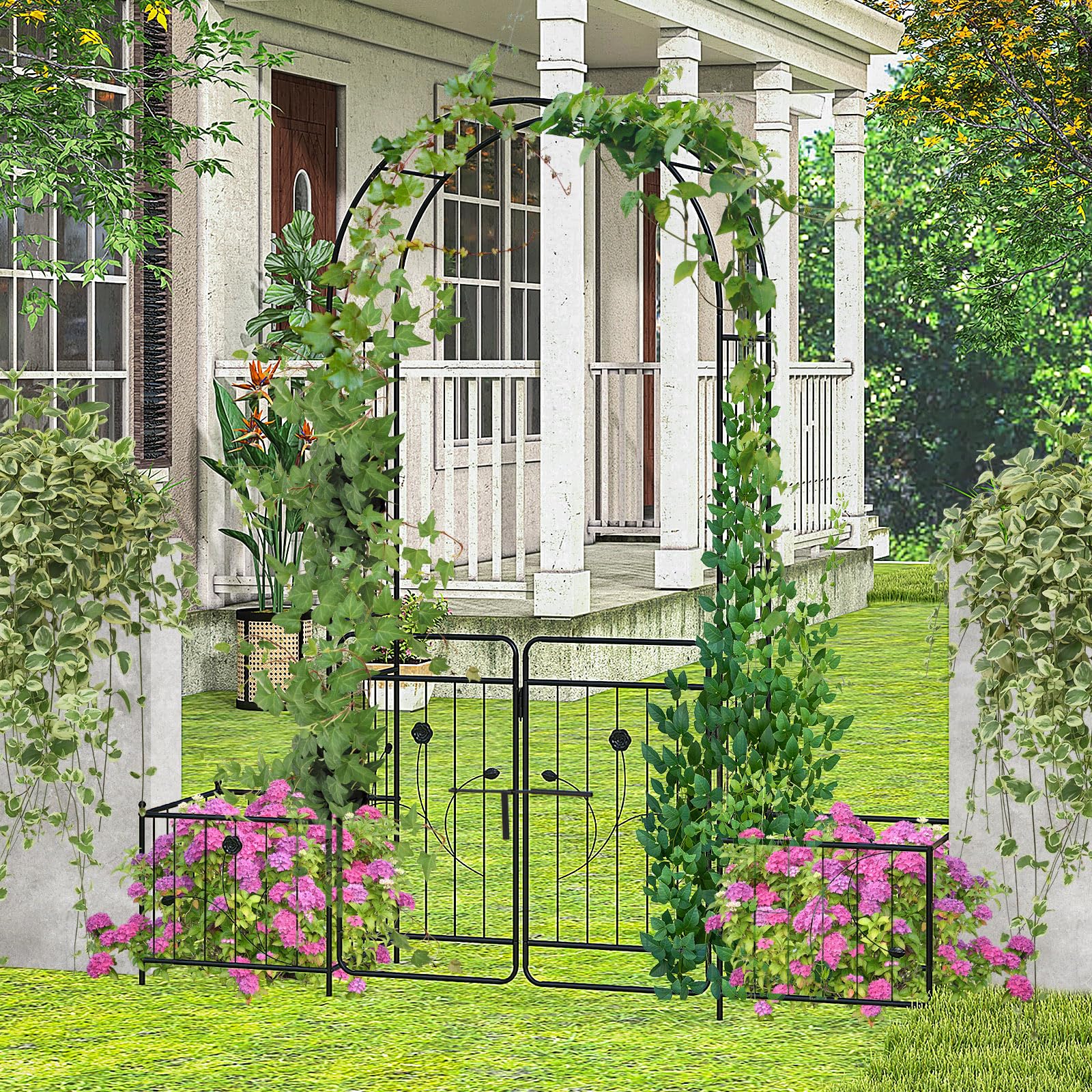 COSTWAY Arco da Giardino, Pergolato in Metallo con Cancello Bloccabile e Fioriere Laterali, Arco per Piante Rampicanti e Viti da Uva, Decorazione per Cerimonia Matrimoniali