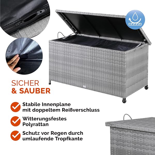 CASARIA® 270 Litre Polyrattan Garden Storage Box with Wheels | Waterproof UV Resistant | Inner Lining | 117x53x60cm Patio Furniture Cushion Chest with Gas Pressure Lift Lid | Grey - 3