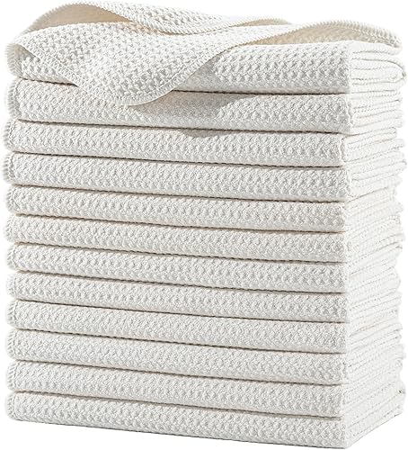 Miniatura 1 de POLYTE Paquete de 12 toallas de mano de microfibra prémium para cocina, tejido de gofre, 16 x 28 pulgadas, color blanco roto