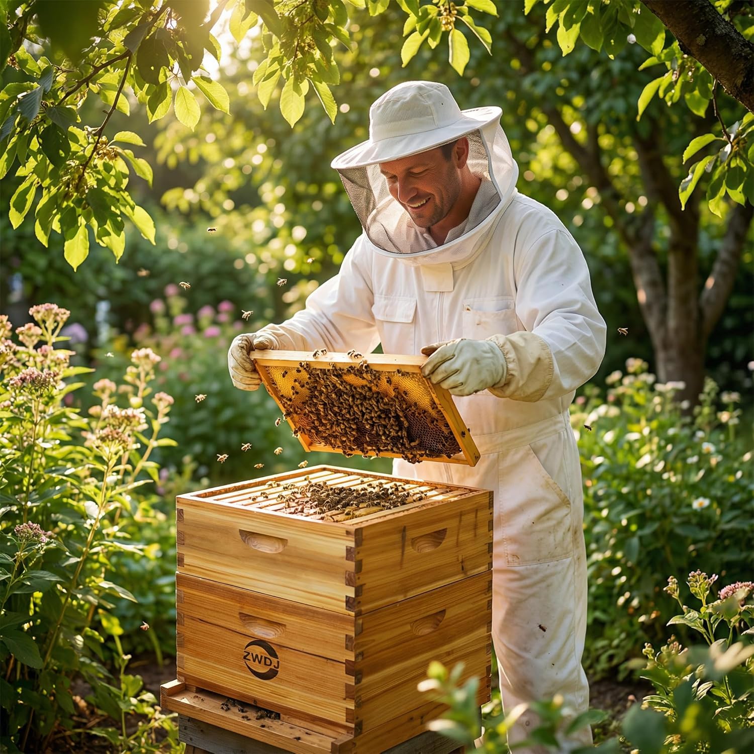 10 Frame Beehive Kit with Beeswax Coated Frames, Complete Langstroth Beehive for Beekeeping, Includes Waxed Foundation, 2 Deep Boxes and 1 Medium Box for Honey Production