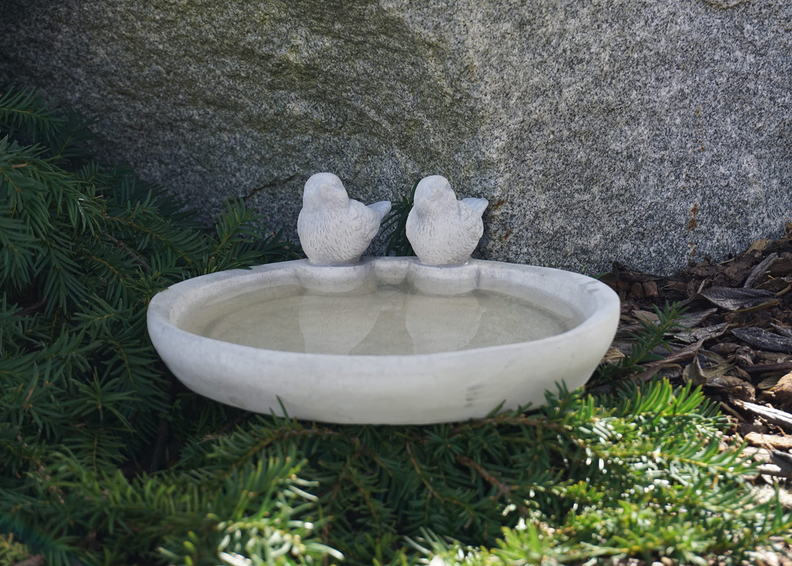 gartendekoparadies.de Kleine Trinkschale mit Zwei Vögeln, H. 10 cm, 2 kg, Grau, frostsicher aus Steinguss für Außenbereich