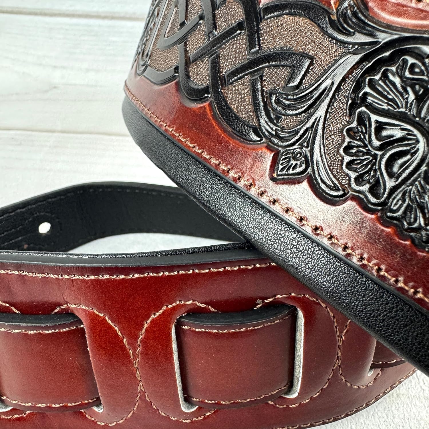 Walker And Williams KB-08 Whiskey Tan And Brown With New Black Celtic Knot Artwork Full Grain Carving Leather Padded Guitar Strap For Acoustic, Electric, And Bass Guitars