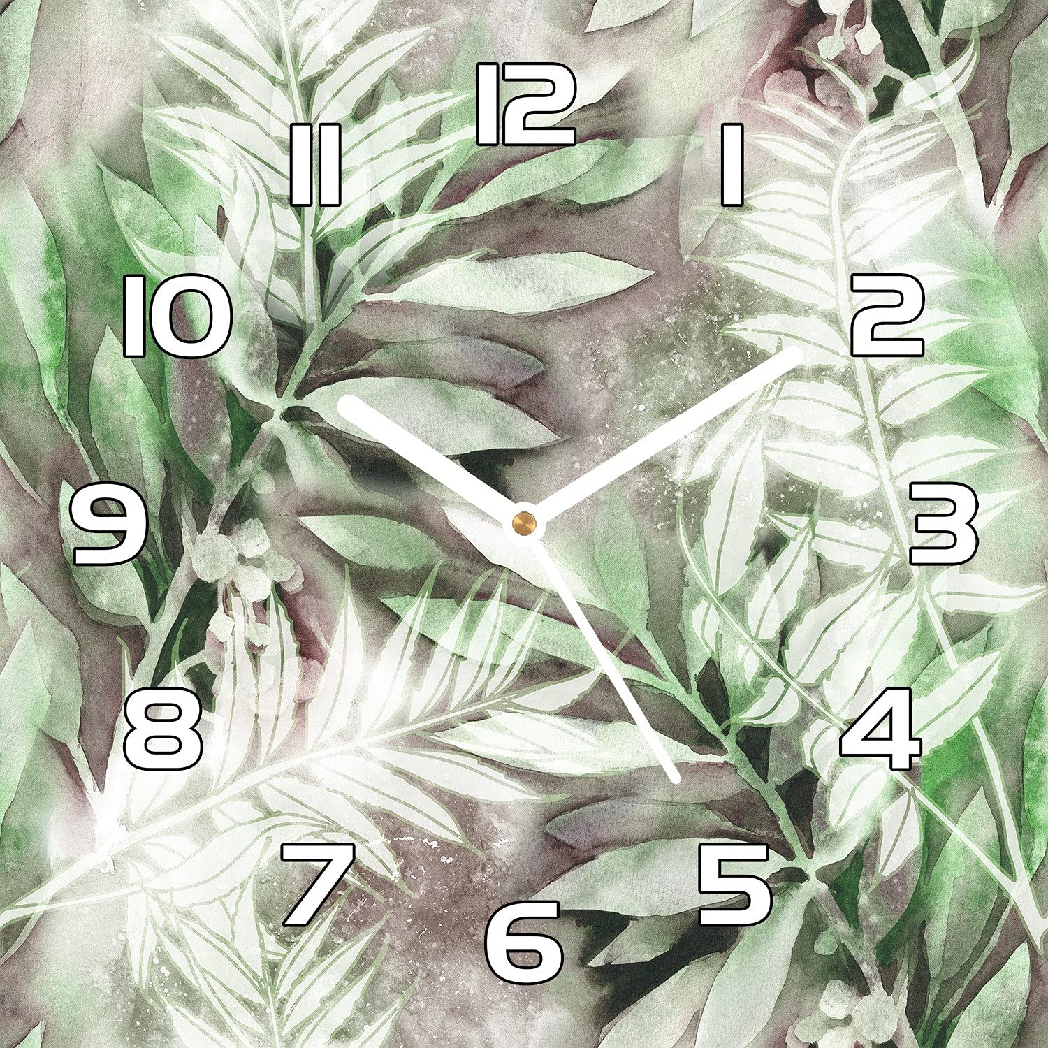 Horloge en verre murale pour cuisine et salon motif feuille botanique