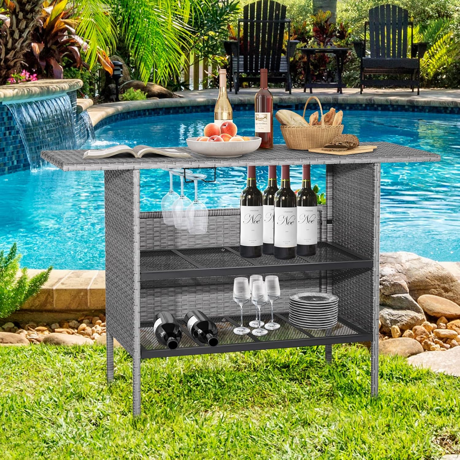 Tangkula Outdoor Wicker Bar Table, Patiojoy All Weather Patio Bar Height Table with 2 Metal Mesh Shelves & 2-Rail Steel Stemware Racks, Rattan Bar Counter Table for Backyard, Poolside (Mix Grey)