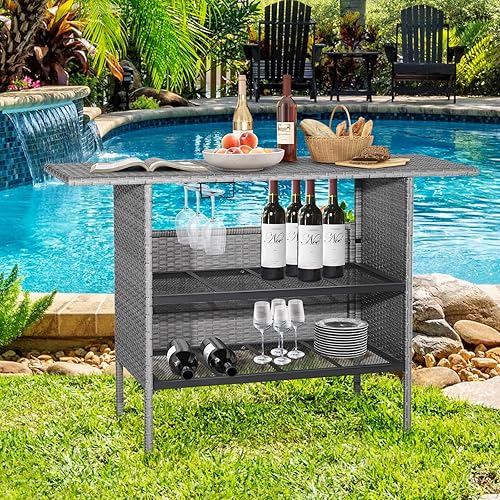 Miniatura 2 de Tangkula Patiojoy - Mesa de bar de mimbre para exteriores, mesa de barra de patio para todo tipo de clima con 2 estantes de malla metálica y 2