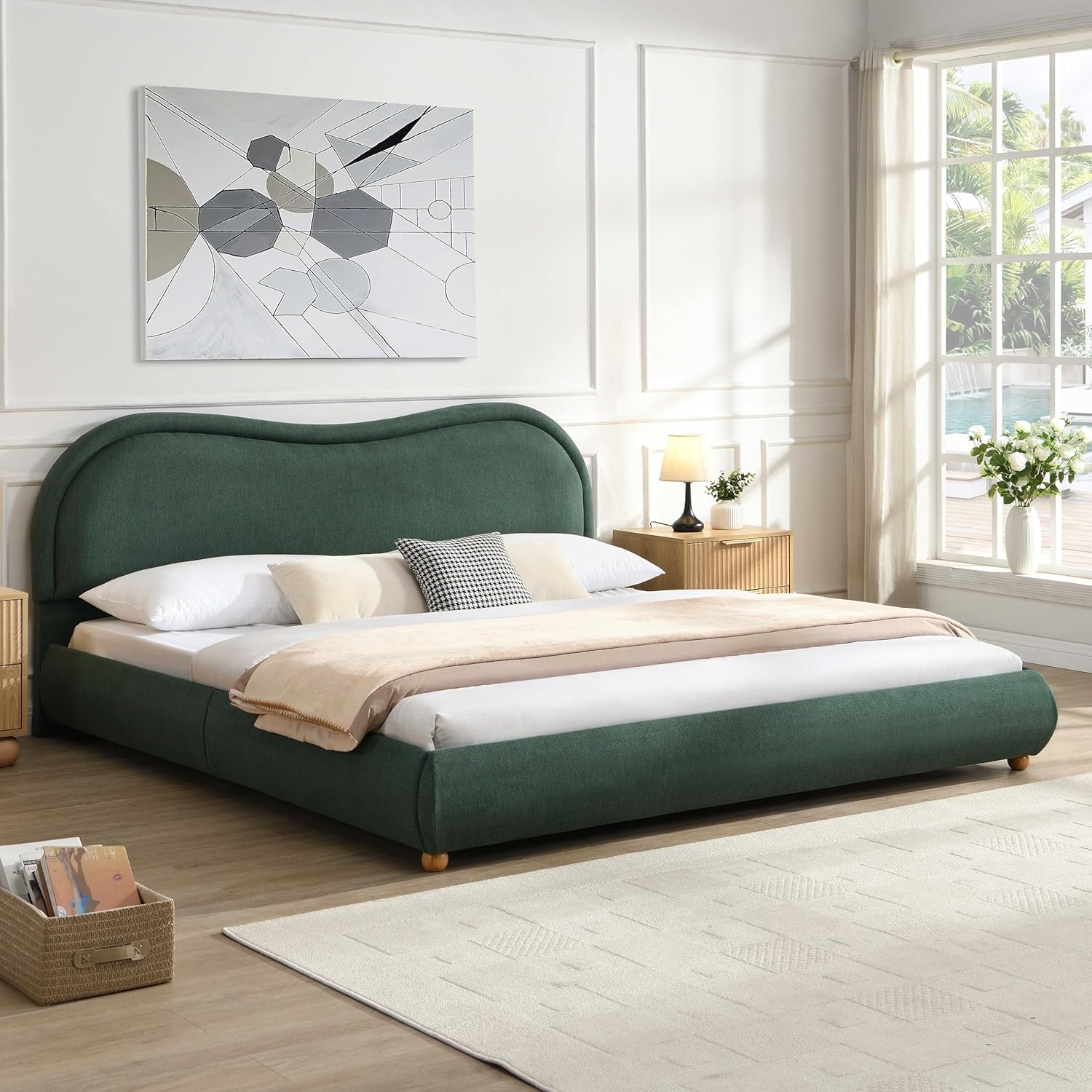 King Size Upholstered Platform Bed Frame, Modern Cloud Bedframe with Headboard, Low Profile Bed Floor Bed Frames with Soft Rounded Corners, No Box Spring Required, Easy Assembly, Olive Green