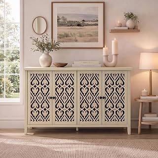 58'' Hollow-Carved Sideboard Storage Cabinet with 4 Doors, Beige | Hollowed-out Cabinet with 4 Doors,Adjustable Interior Storage,Stable Build,Premium Sturdy Construction