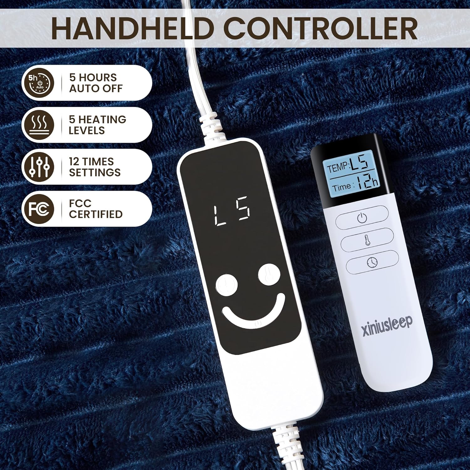 Heated Blanket Electric Blanket 50"x60", Soft Flannel Sherpa Electric Throw with 5 Heating Level & 12 Times Setting, Heated Throw with Overheating Protection, Machine Washable (Navy Blue) - Image 3