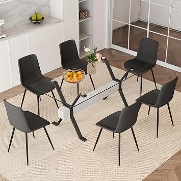 Glass Dining Table Set for 6, Gold Kitchen Table and Chairs for 6,71 Large Rectangular Dining Table with 6 Black Suede Dining Chairs for Kitchen Dining Room