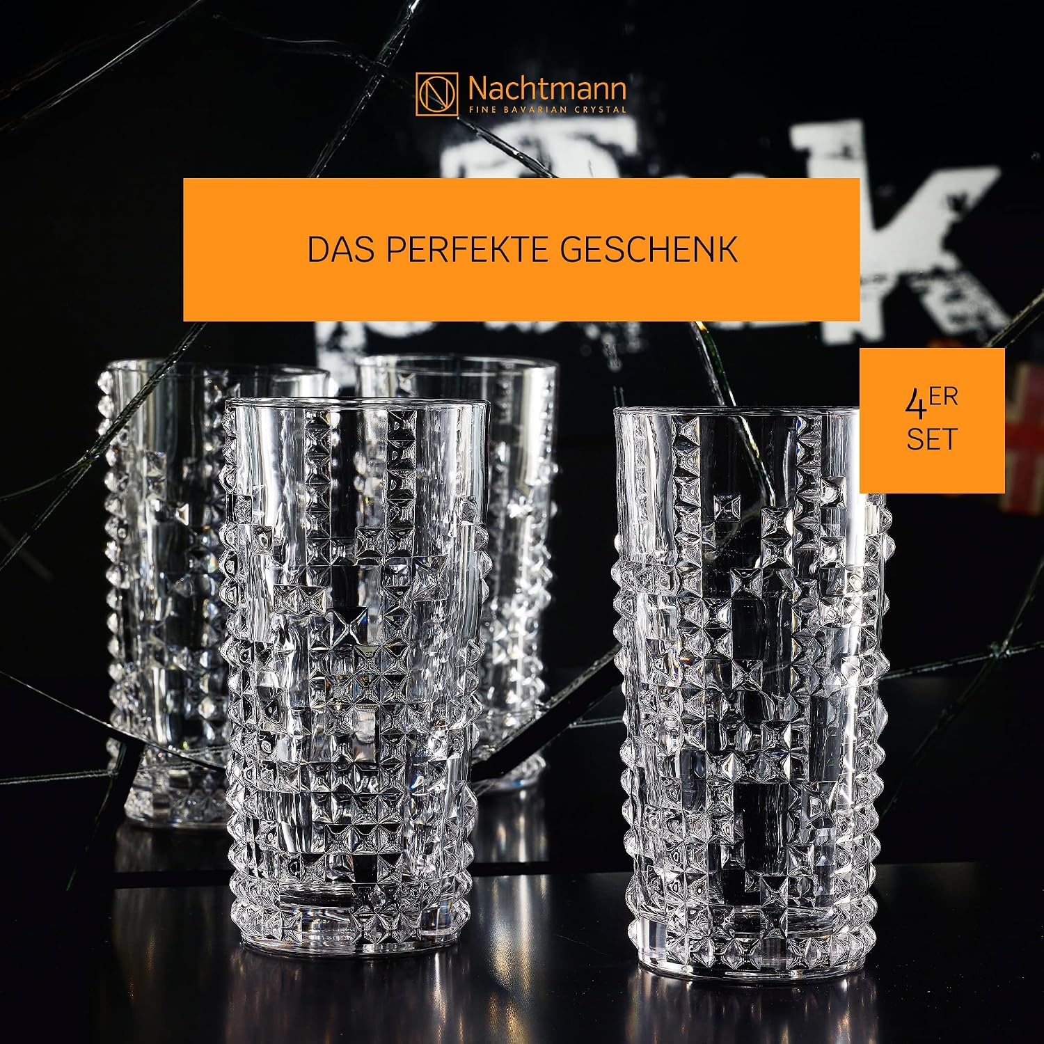 Nachtmann Punk Long Drink Glasses – Set of 4 Lead-Free 12.6 oz Crystal Tumblers Featuring Studded Design, Tall Machine-Made Glassware for Cocktails, Mocktails, Soda, Water, Home Bars
